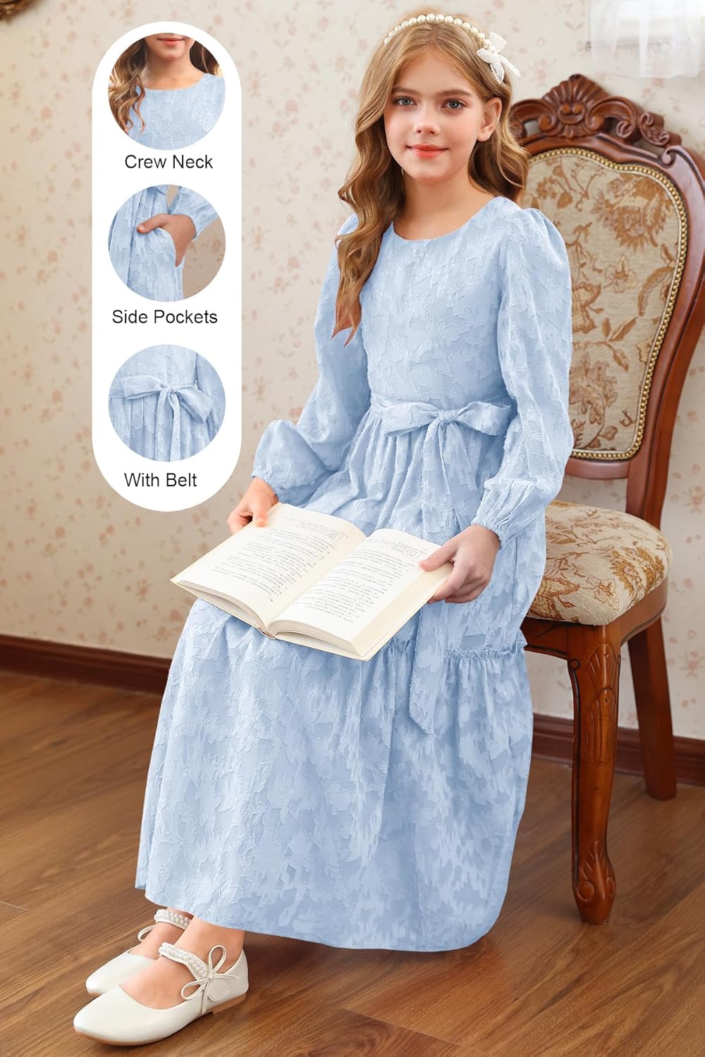 MITILLY Girls Long Sleeve Dress Elegant Floral Crew Neck Elastic Waist Formal Maxi Dresses with Belt 6-12 Years
