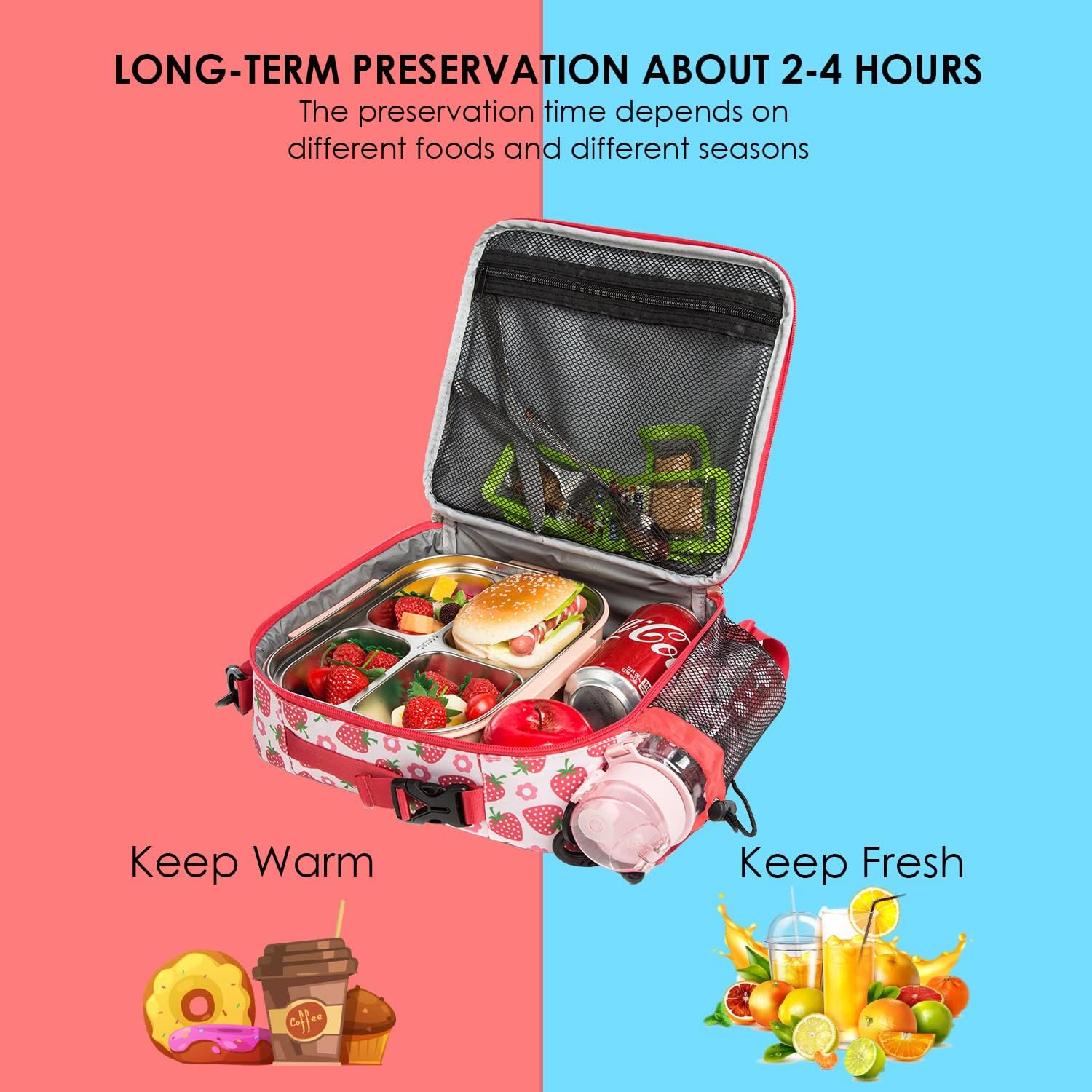 Girls Insulated Kids Lunch Boxes Bags for Hot or Cold Food Storage - Picnic Cooler Cookouts School Travel Reusable Lunch Tote Strawberry