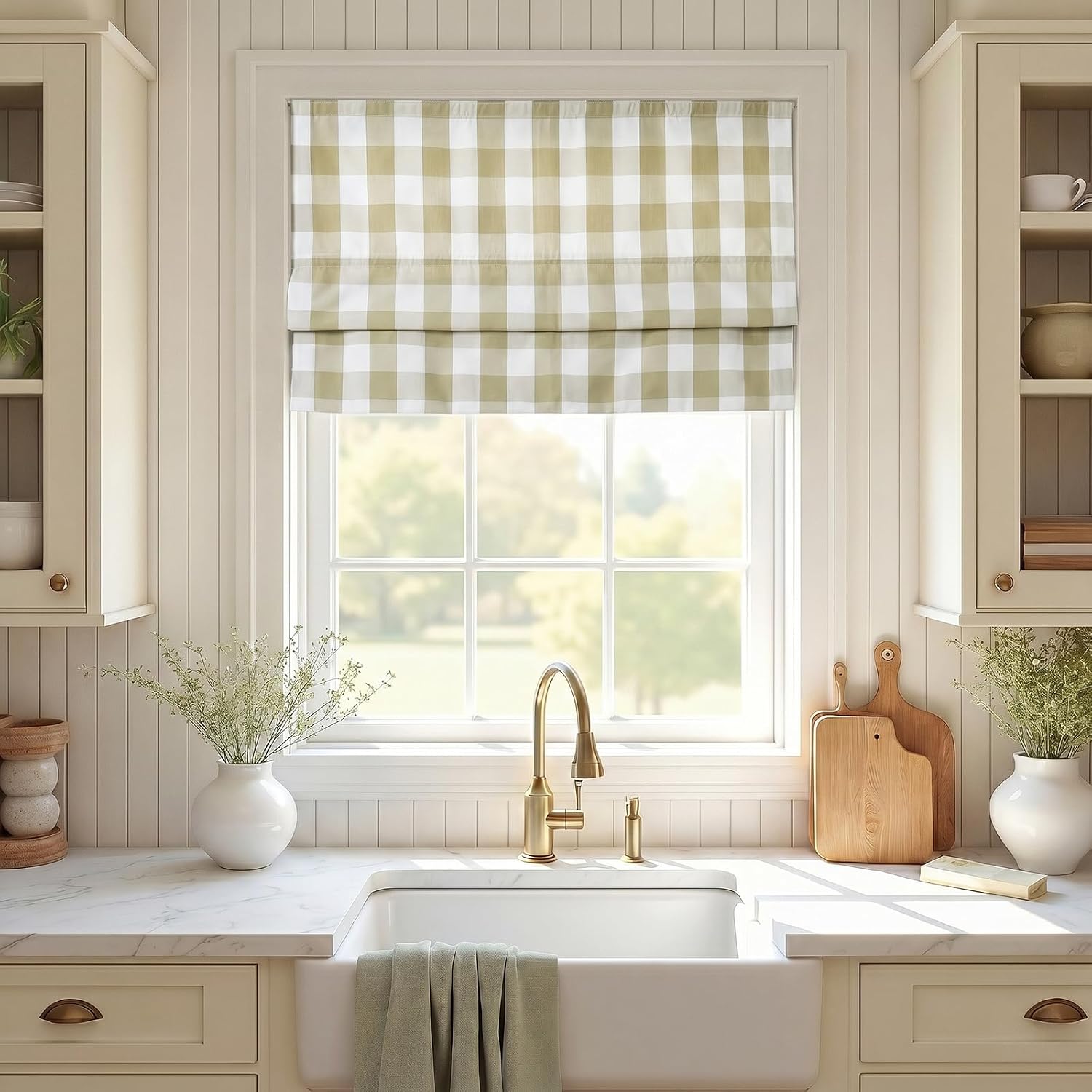 TWOPAGES No Drill Cordless Buffalo Plaid Roman Shades Gingham Checkered Roman Blinds for Windows, Custom Made Room Darkening Blinds Farmhouse Shades, Khaki Grid, 1 Piece