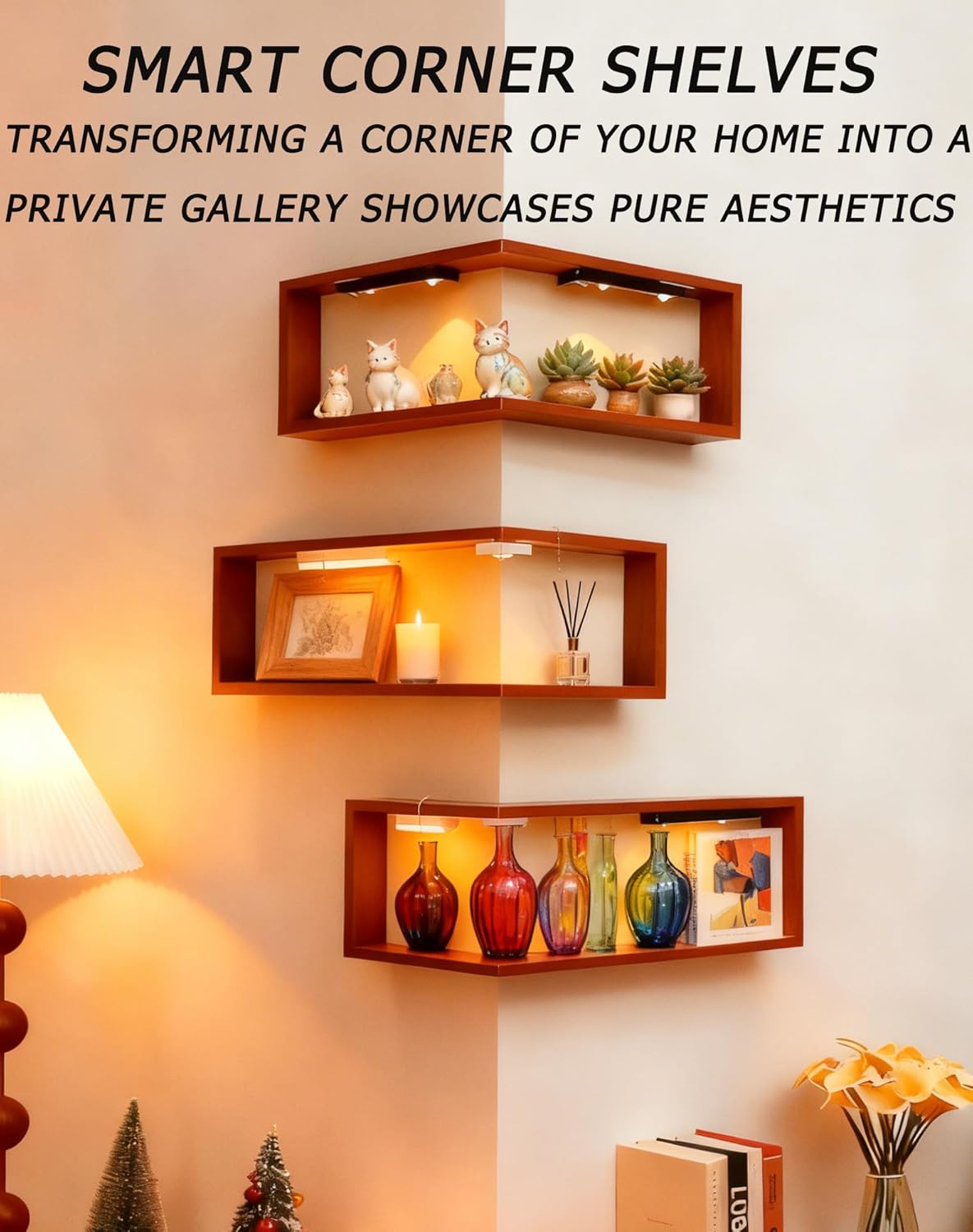 Smart Corner Shelves That Light up Your Space, Illuminated Corner Shelf with Remote, No-Drilling Illuminated Corner Blind Boxes Shelf, Floating Corner Shelves for Wall,For Collectibles (1,With lights)