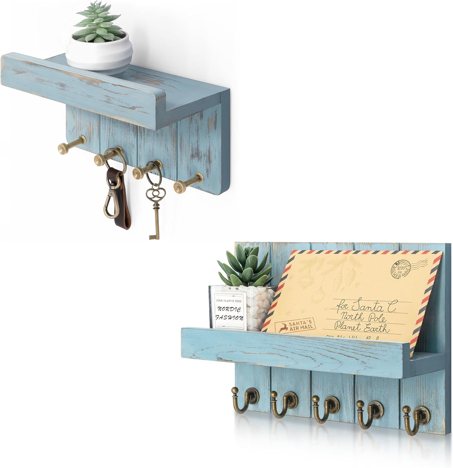 Rebee Vision Decorative Key Holder Wall Mount Set - Mini Key Holder for Wall with Small Shelf and Farmhouse Mail Organizer with Hooks - Ideal for Room Decor (Distressed Blue)
