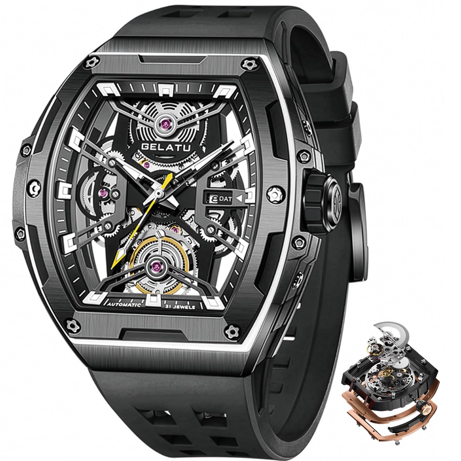 OLEVS Gelatu Herren-Armbanduhr, automatische Tonneau-Uhr, Skelett, mechanisch, 50 m, wasserdicht, Saphirglas, quadratisch, Weiß/Schwarz/Roségold
