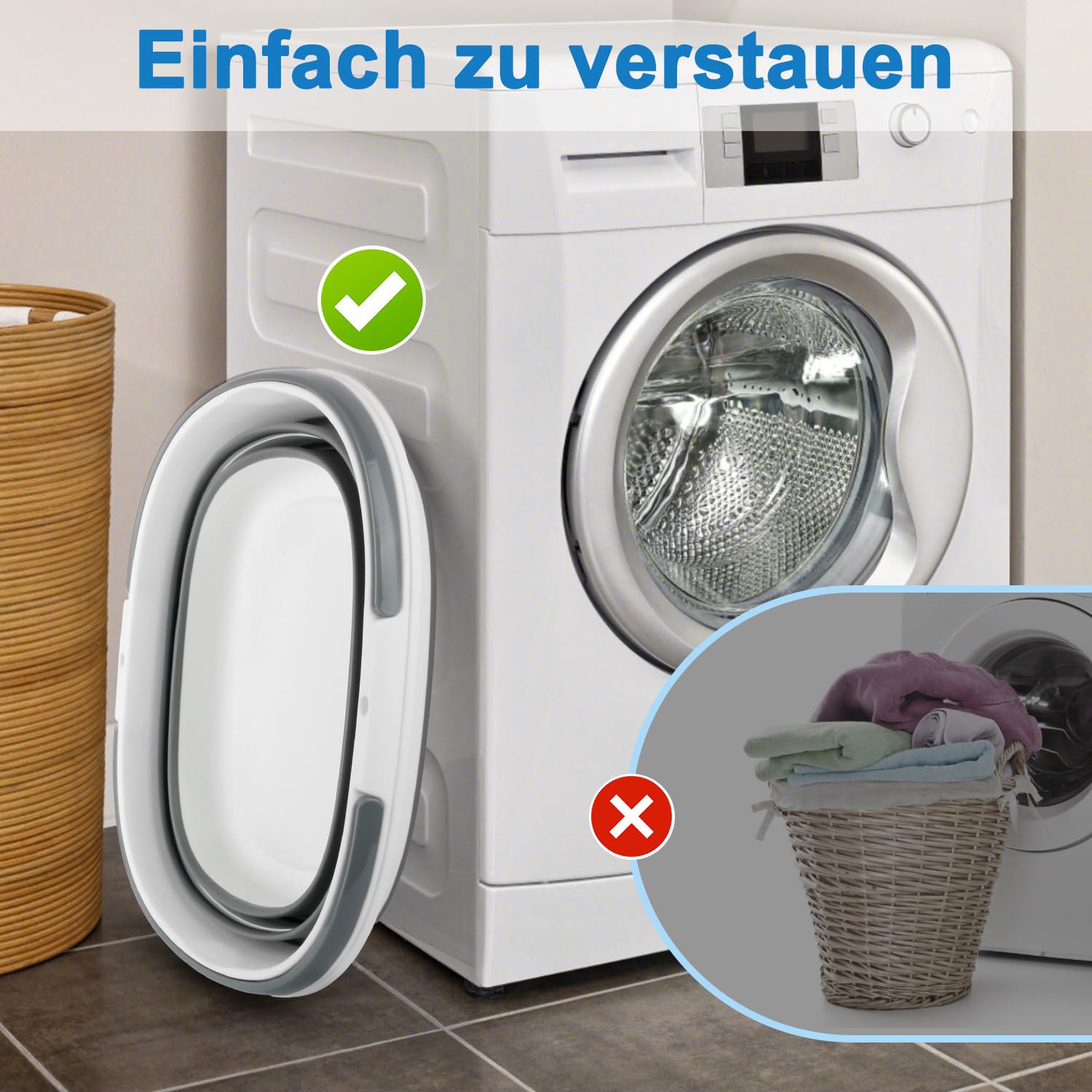 Wäschekorb faltbar mit Griff, 16 L Silikon-Falteimer, Faltbarer Eimer zusammenklappbar, Putzeimer zur Fensterreinigung, Waschschüssel für Auto, Camping, Garten, Haushalt und Wohnmobil