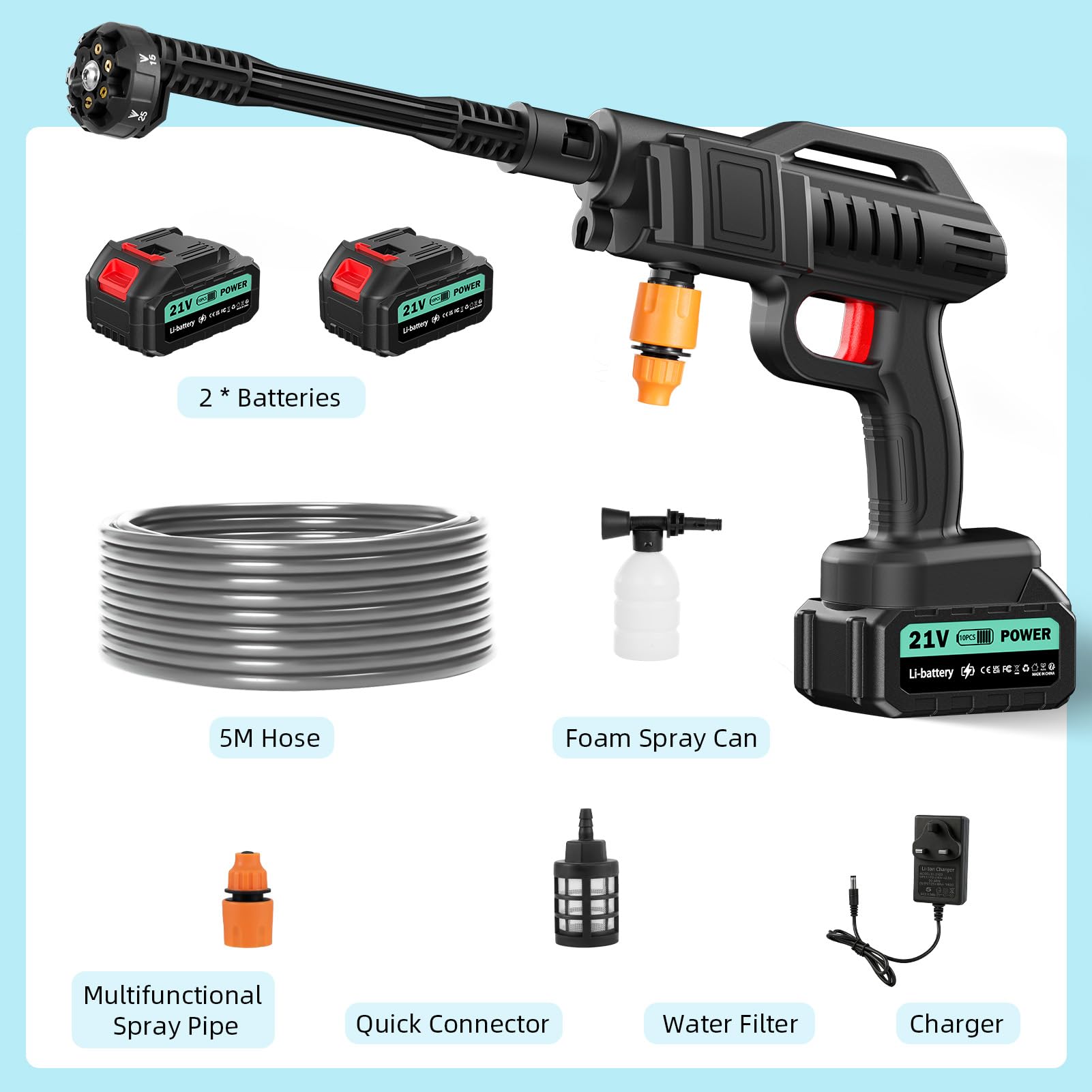 Hidrolimpiadora de Alta Presión,80Bar Hidrolimpiadora Inalámbrica,Portátil Pistola de Agua a Presión con 2×3.0Ah Baterías,Boquilla 6 en 1,Manguera 5m,Cubo,para Limpiar Coche, Terraza, Jardín