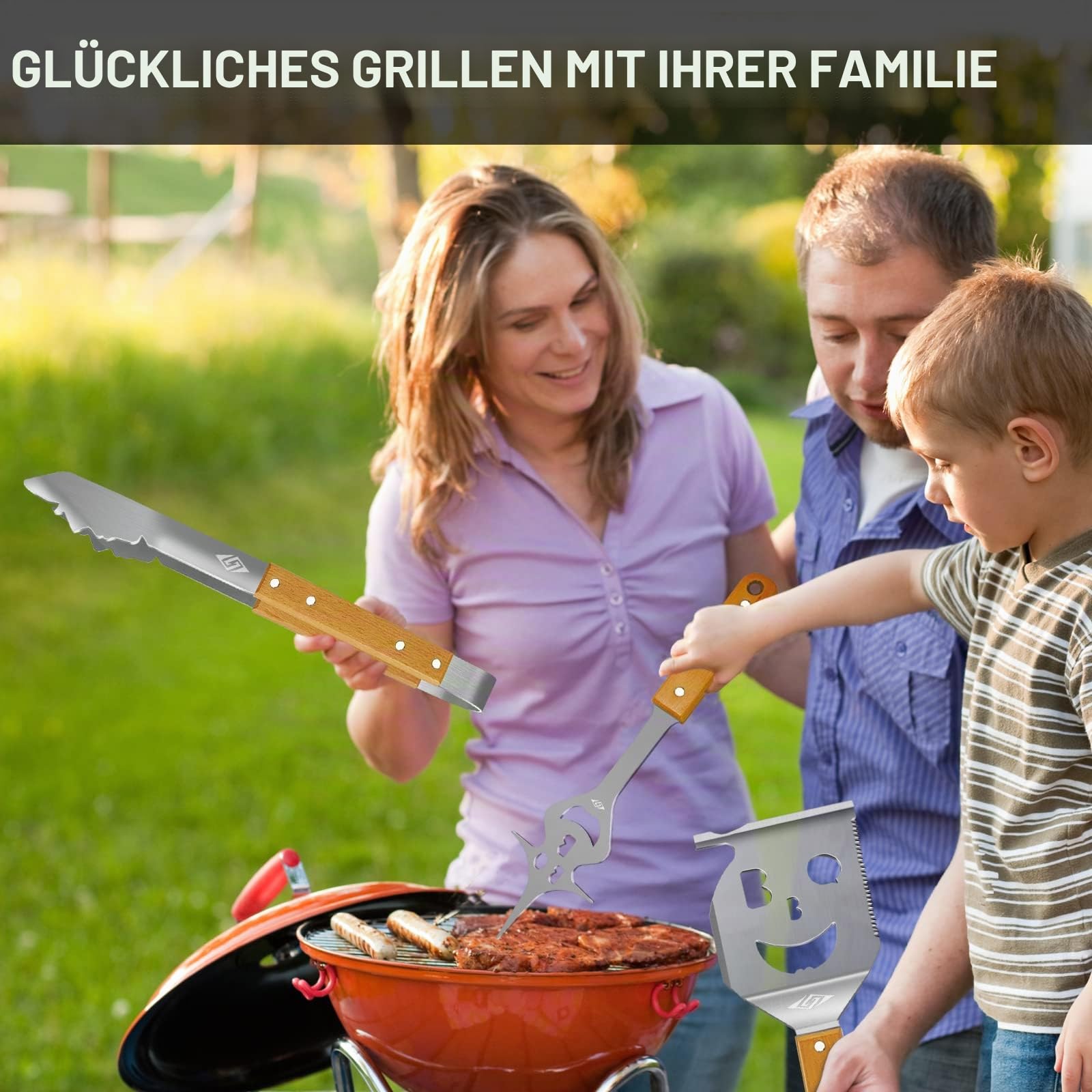 Steven-BULL S Grillbesteck-Set 3-TLG. Extra Langes Grillwerkzeug, Edelstahl Holzgriff, Grillzubehör mit Grillzange, Grillwender, Fleischgabel Extra-Langen Holzgriffen und Aufhänge-Ösen