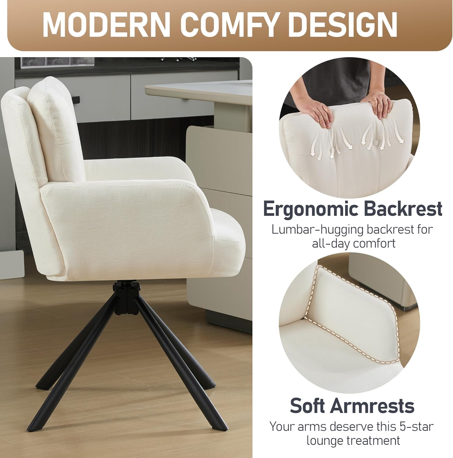 Fabric Dining Chair Modern Upholstered Swivel Dining Room Chairs Comfy Accent Armchair with Mid Back, Desk Arm Chair No Wheels for Kitchen/Living Room/Home Office, White