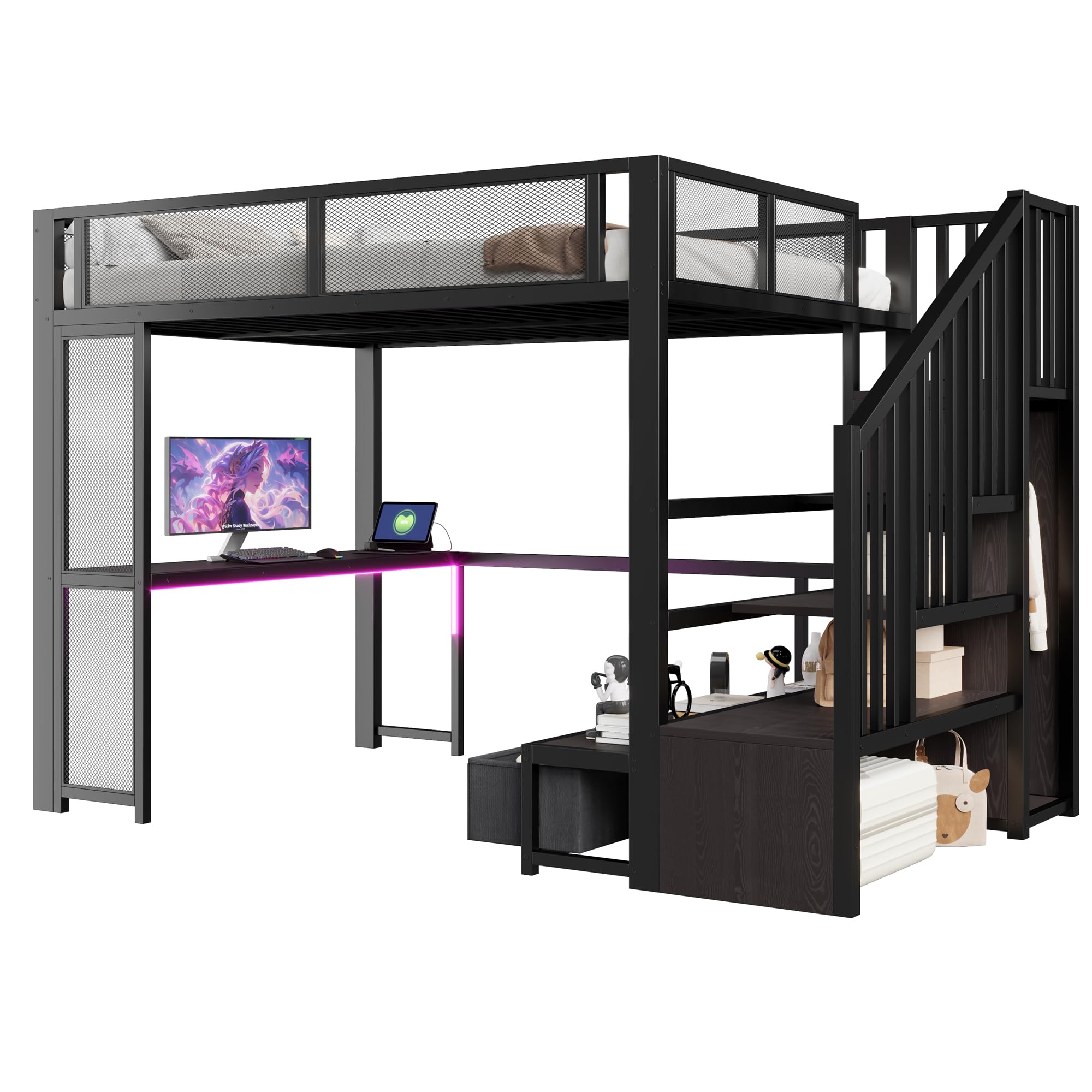 Lcoho Cama alta de metal para niños, 140 x 200 cm, con escalera, espacio de almacenamiento, puerto USB, escritorio, armario abierto y 3 cajones, color negro.