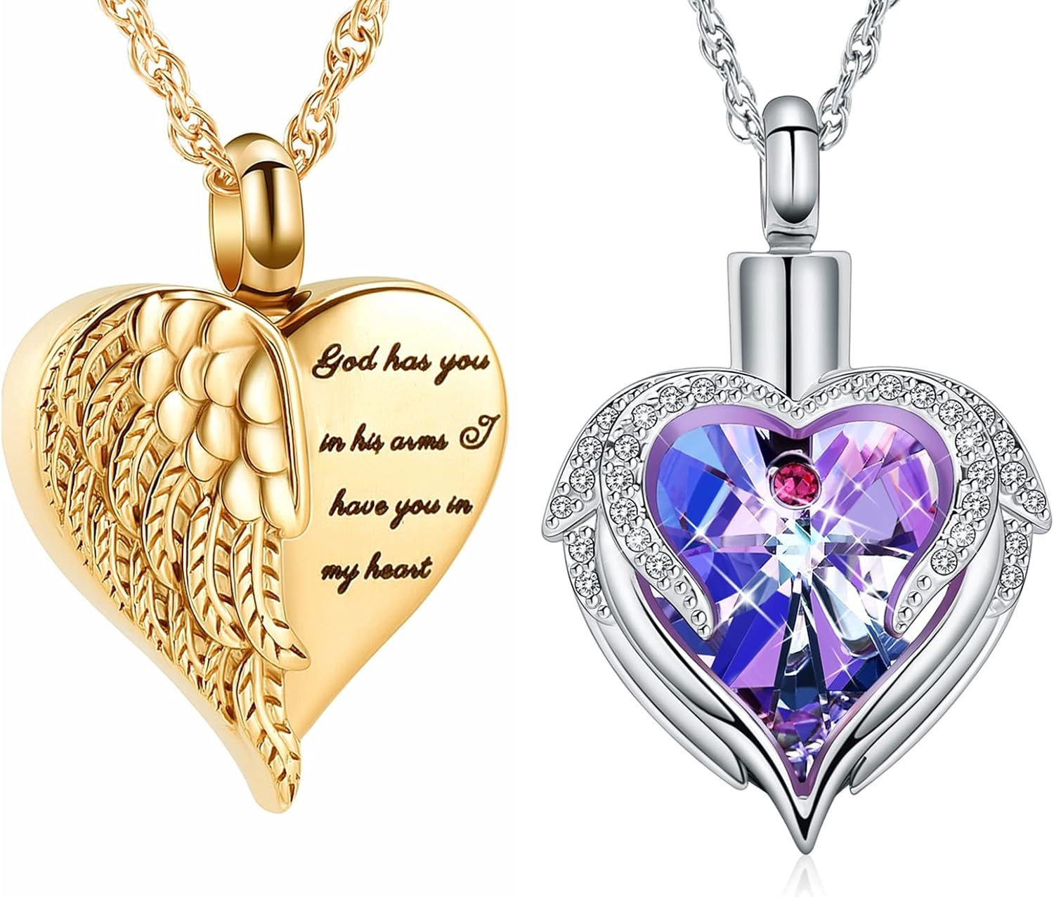 shajwo 2pcs Cremation Jewelry Angel Wing Heart Urn Necklace for Ashes Memorial Keepsake Pendant for Women Men