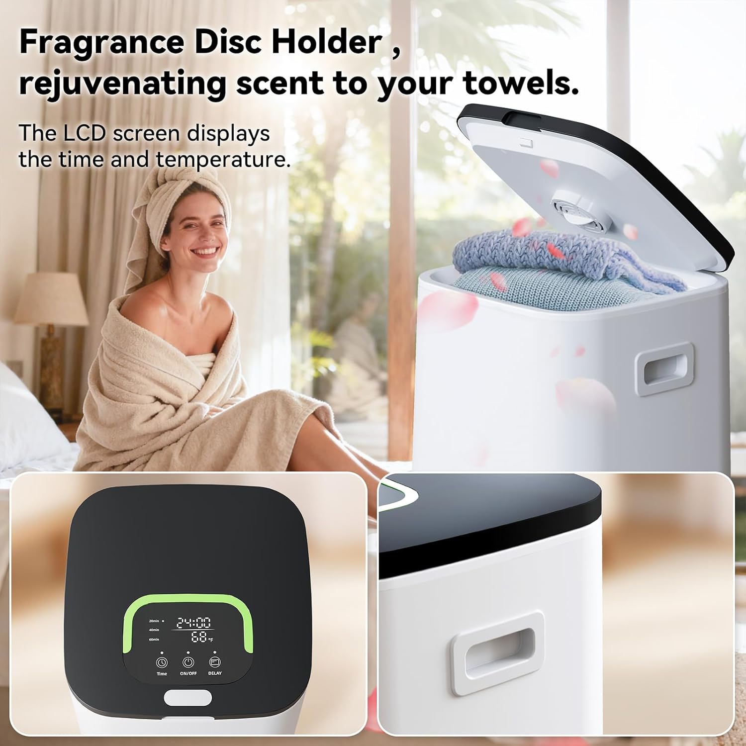 Towel Warmer for Bathroom,23L Blanket Warmers with Timer Function, LED Display, Up to 24 Hours Delay, 3 Heating Modes, Auto Shut-Off,Fragrance Holder, Child Safety Lock for Home, Hot Tub, Spa