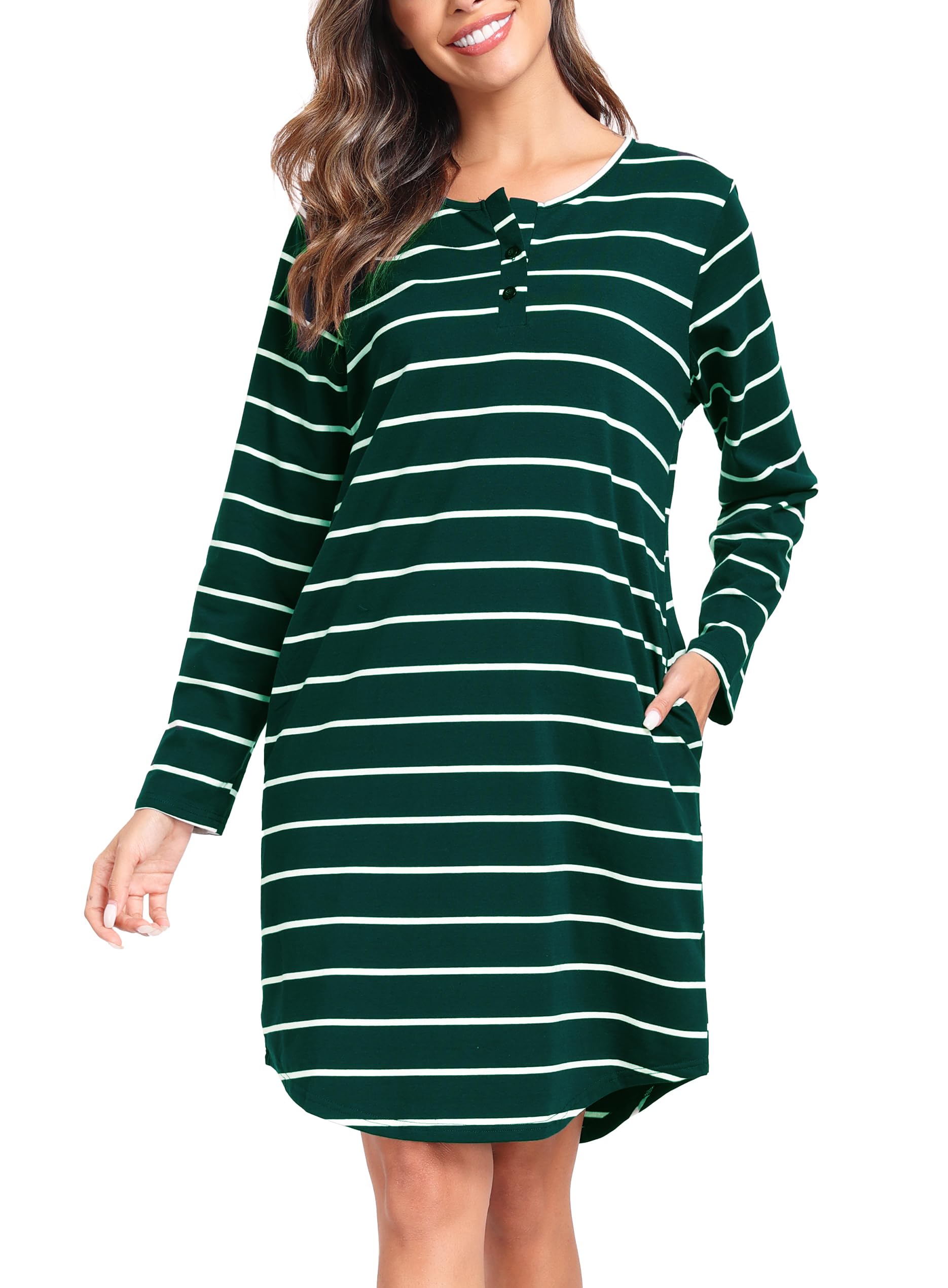 Lovasy Nachthemd Damen Baumwolle Schlafshirt Streifen Nachthemden für Damen mit Knopfleiste und Zwei Taschen