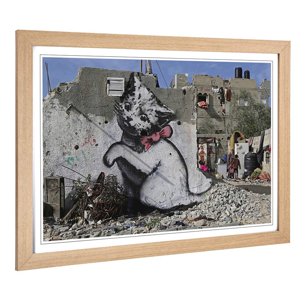 Big Box Art Framed Print of Banksy Kitten Graffiti Design | Wall Art Picture | Home Decor for Kitchen, Living Room, Bedroom, Hallway, Oak, A2 / 24.5x18 Inch / 62x45cm
