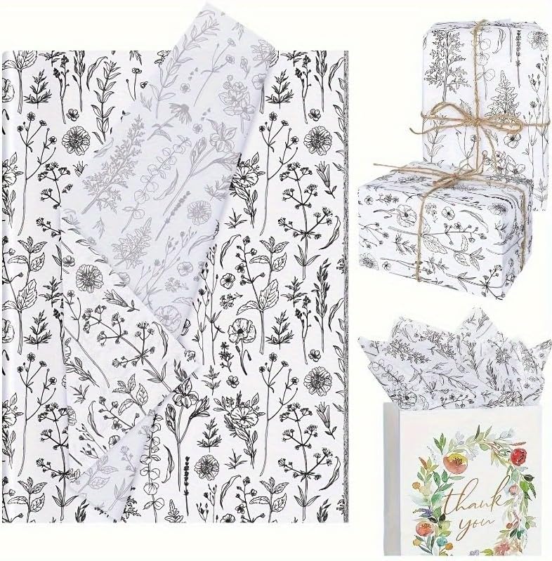 20 piezas de papel de seda floral blanco y negro de flores silvestres botánico para regalos de cumpleaños de boda, acabado translúcido