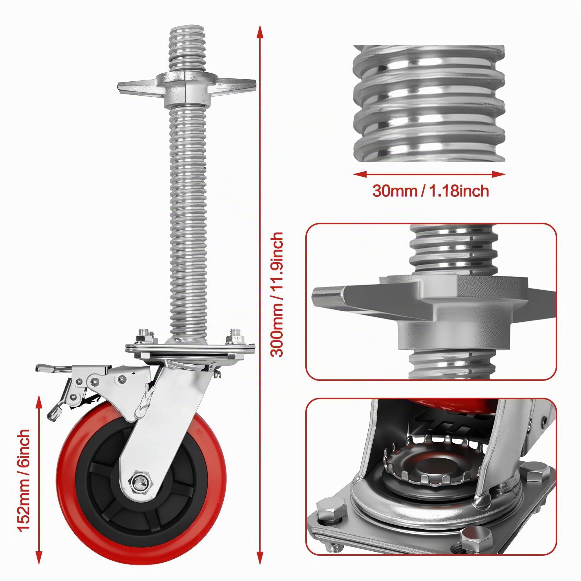 6 Zoll Schwerlast Gerüst Lenkrollen Rot Doppelt Gebremst, 4 Stück | 300 mm Stahlspindel als Gerüstspindel, 6202 Doppelkugellager, Für Arbeitsgerüste und Rollgerüste, Tragfähigkeit: 500 kg