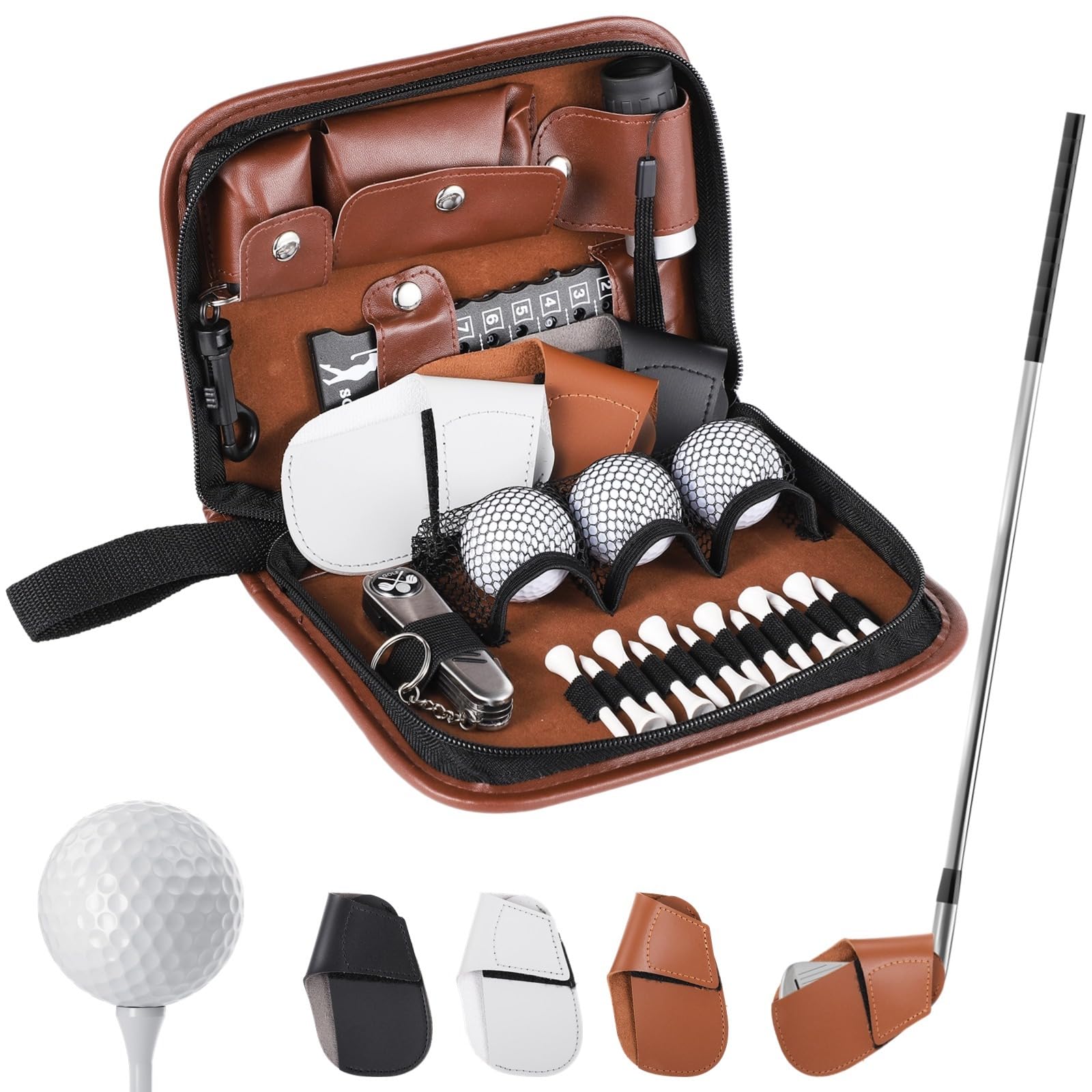 Zestaw akcesoriów golfowych, przenośna torba PU z piłkami golfowymi, pokrowce na kije golfowe, koszulki golfowe, zacisk piłki golfowej, dalmierz, szczotka, wielofunkcyjne narzędzie Divot