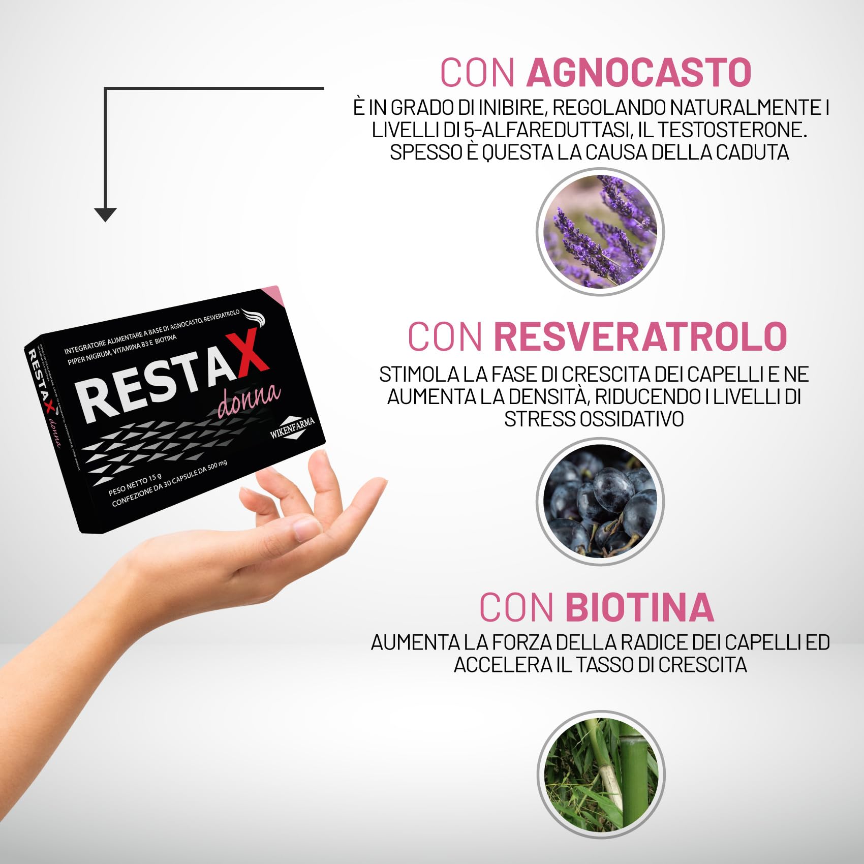 RestaX Donna integratore specifico per alopecia androgenetica femminile in età fertile con Agnocasto, Resveratrolo, Biotina. Con progestinico che riduce caduta e stimola la ricrescita nelle donne