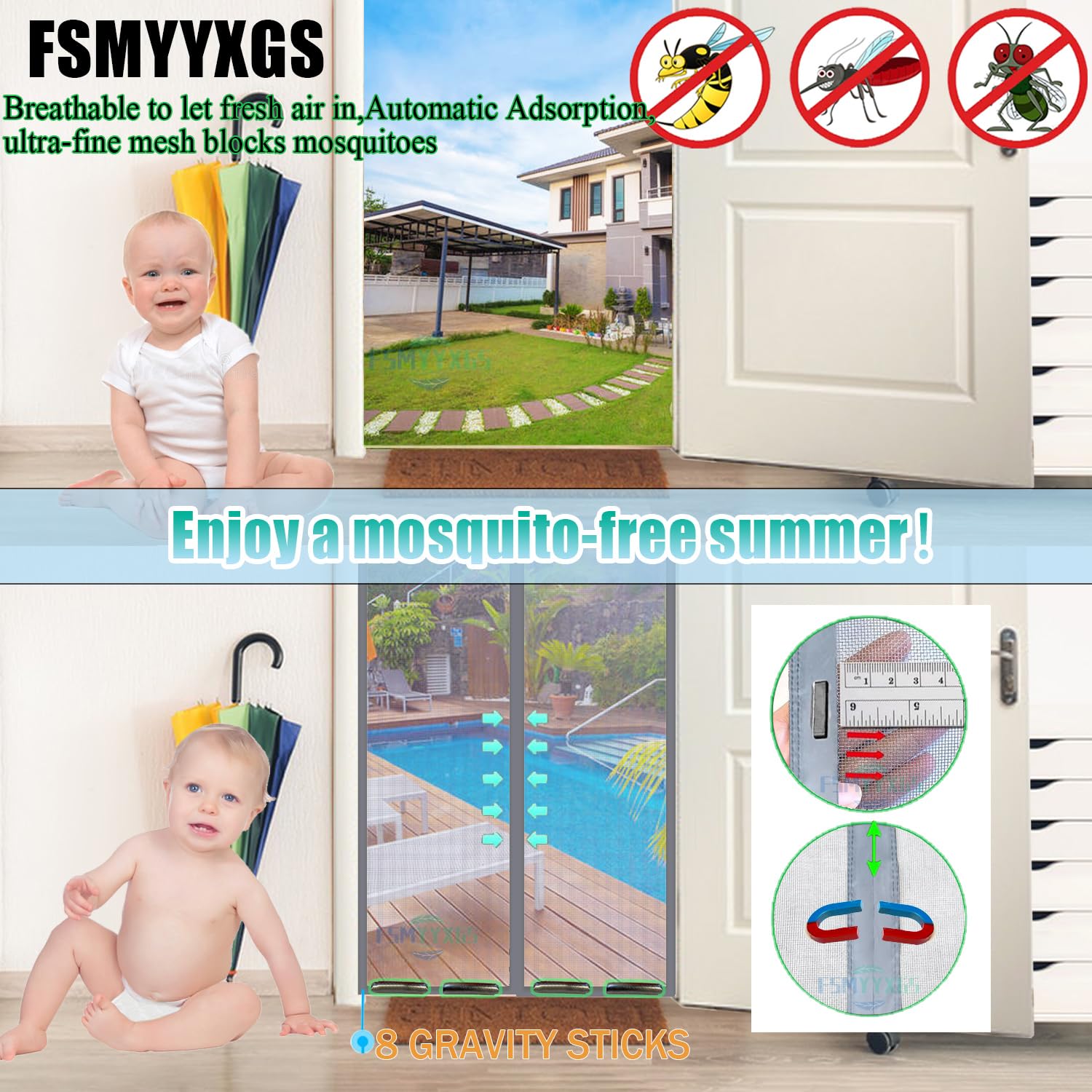 Mosquitera Puerta Magnética, Mosquiteras para Puertas, Cinta Adhesiva Cortina Magnetica Antimosca, Adsorción Automático, Malla Ultrafina, Instalación Sin Herramientas, Fácil de Instalar