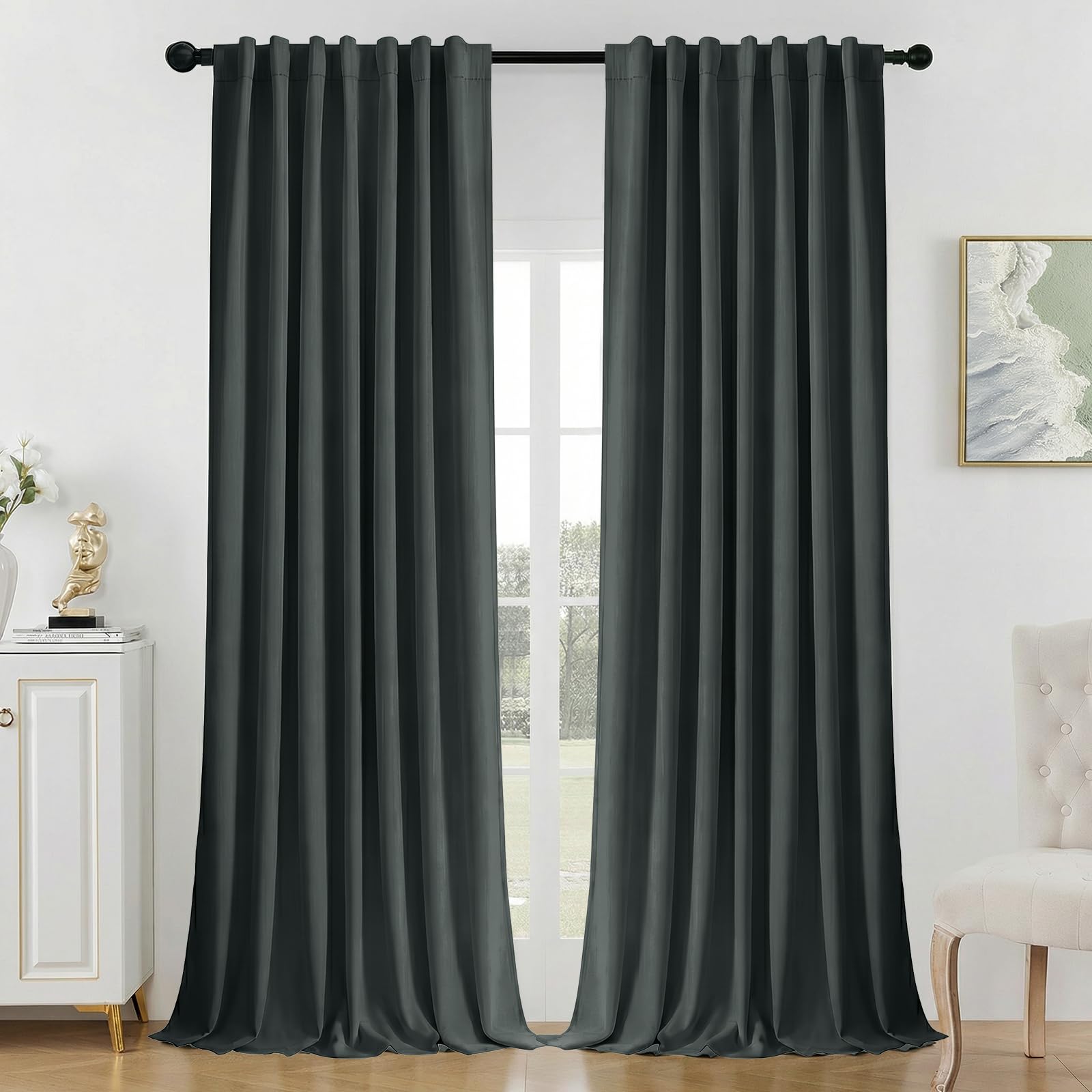 Joydeco Blackout Curtains for Bedroom 96 inches Long，Back Tab/Rod Pocket 100% Blackout Living Room Drapes, Textured Thermal Insulated Blackout Curtains 2 Panels Set,52" W x 96" L,Grey