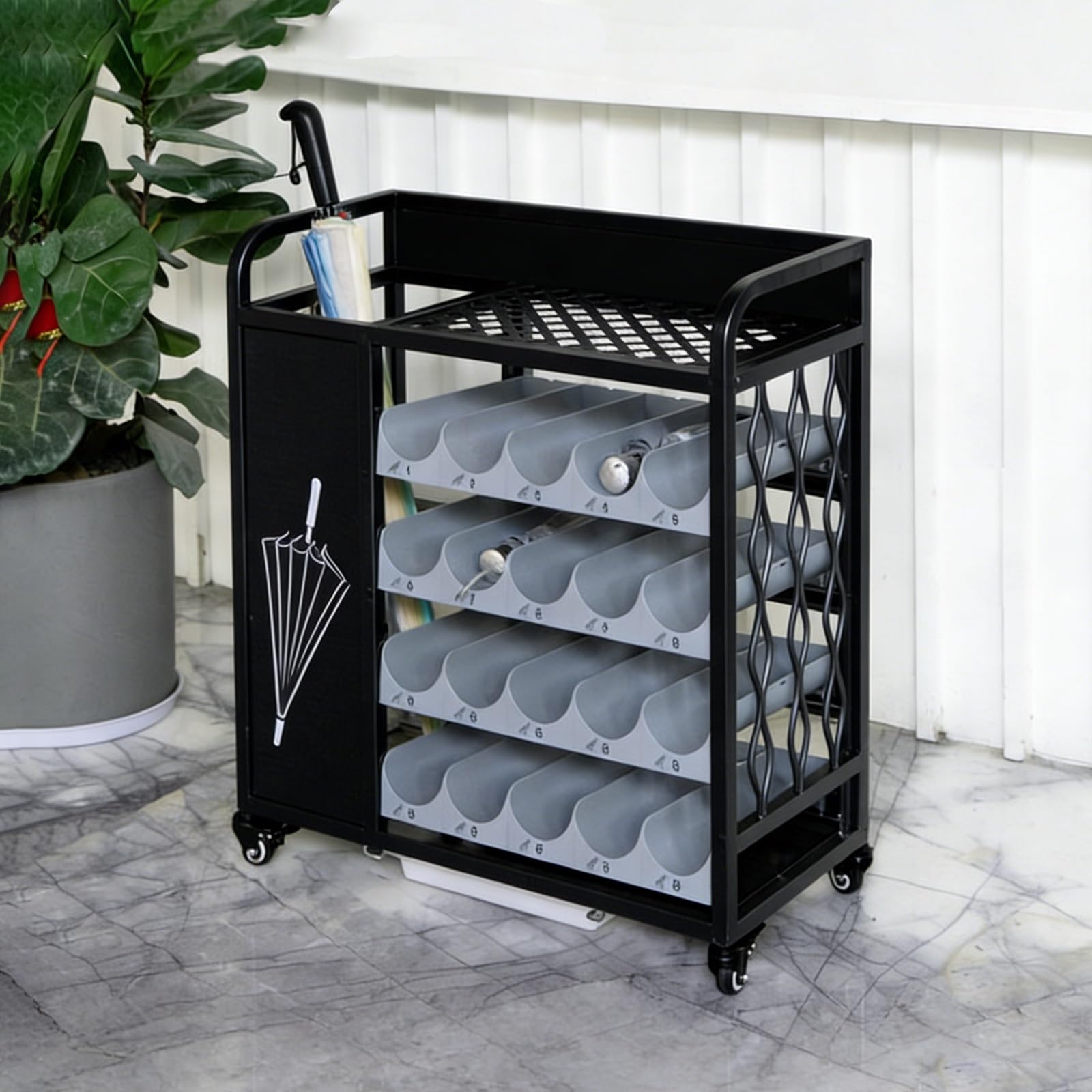 WXPGFEQ Rolling Umbrella Stand with Wheels and Drip Tray, Metal Indoor Umbrella Holder for Entryway, Hotel, Office, School Lobby