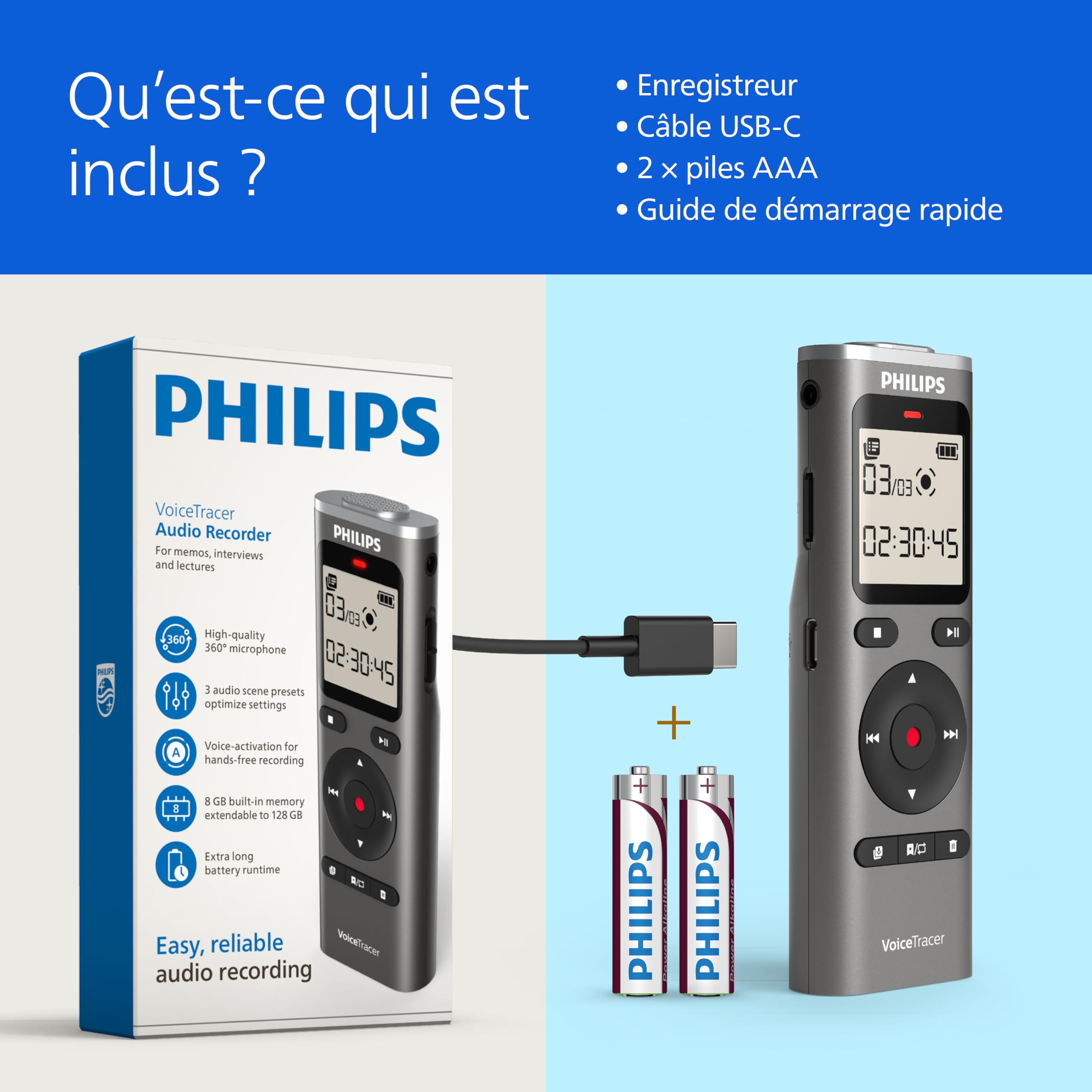 Philips DVT1170 VoiceTracer, enregistreur Audio, 8 Go, Fente pour Carte Micro SD