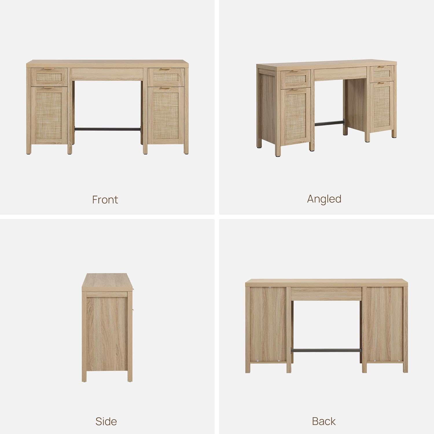 SICOTAS Rattan Executive Desk with Storage - 52" Large Home Office Desk with 3 Drawers and 2 Cabinets, Farmhouse Boho Computer Table Vanity Desk for Study, Office, Living Room, Light Oak