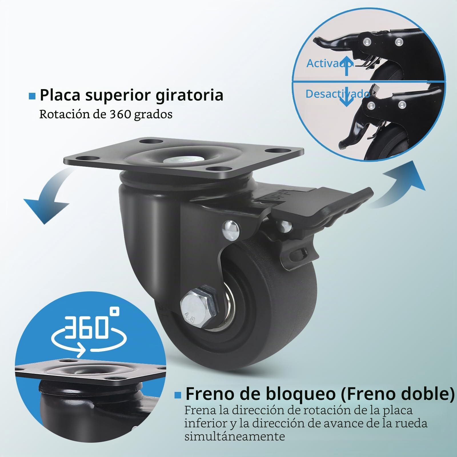 4 Ruedas para Muebles Pesados con Freno Hasta 2000kg, 75MM Ruedas Pivotantes Pesados, Ruedas de Placa Industriales Giratorias 360°, Duradero, Silencioso Nylon Ruedas