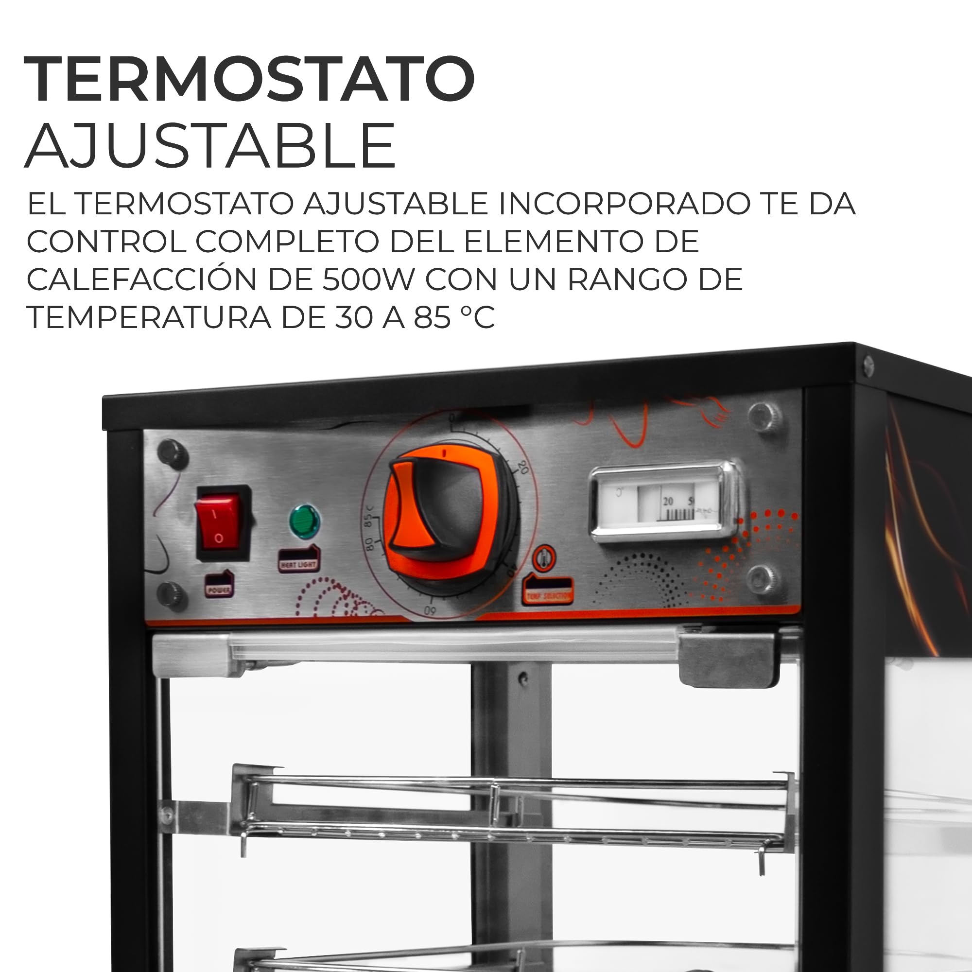 KuKoo Vitrina Expositora Caliente Pizzas Calienta Comida Eléctrica 30-85°C con 3 Estantes Luz Interna Termostato Ajustable + Pinzas Gratis Calentador Buffet Alimentos para Gastronomía 2 Años Garantía