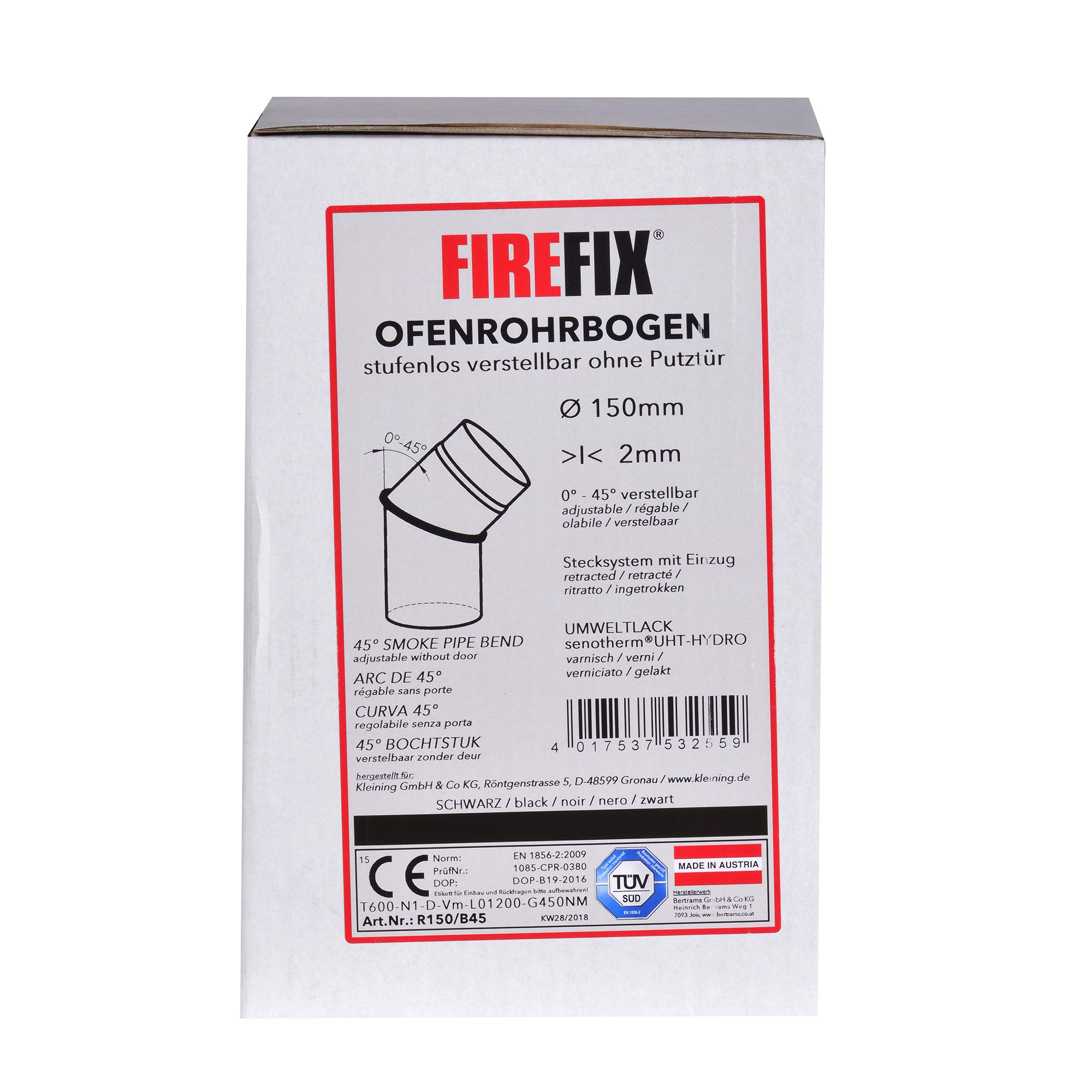 FIREFIX R150/B45 - Tubo per stufa, in acciaio spesso 2 mm, diametro 150 mm, per stufe e focolari, Senotherm, nero, regolabile da 0 a 45 gradi, senza porta di pulizia