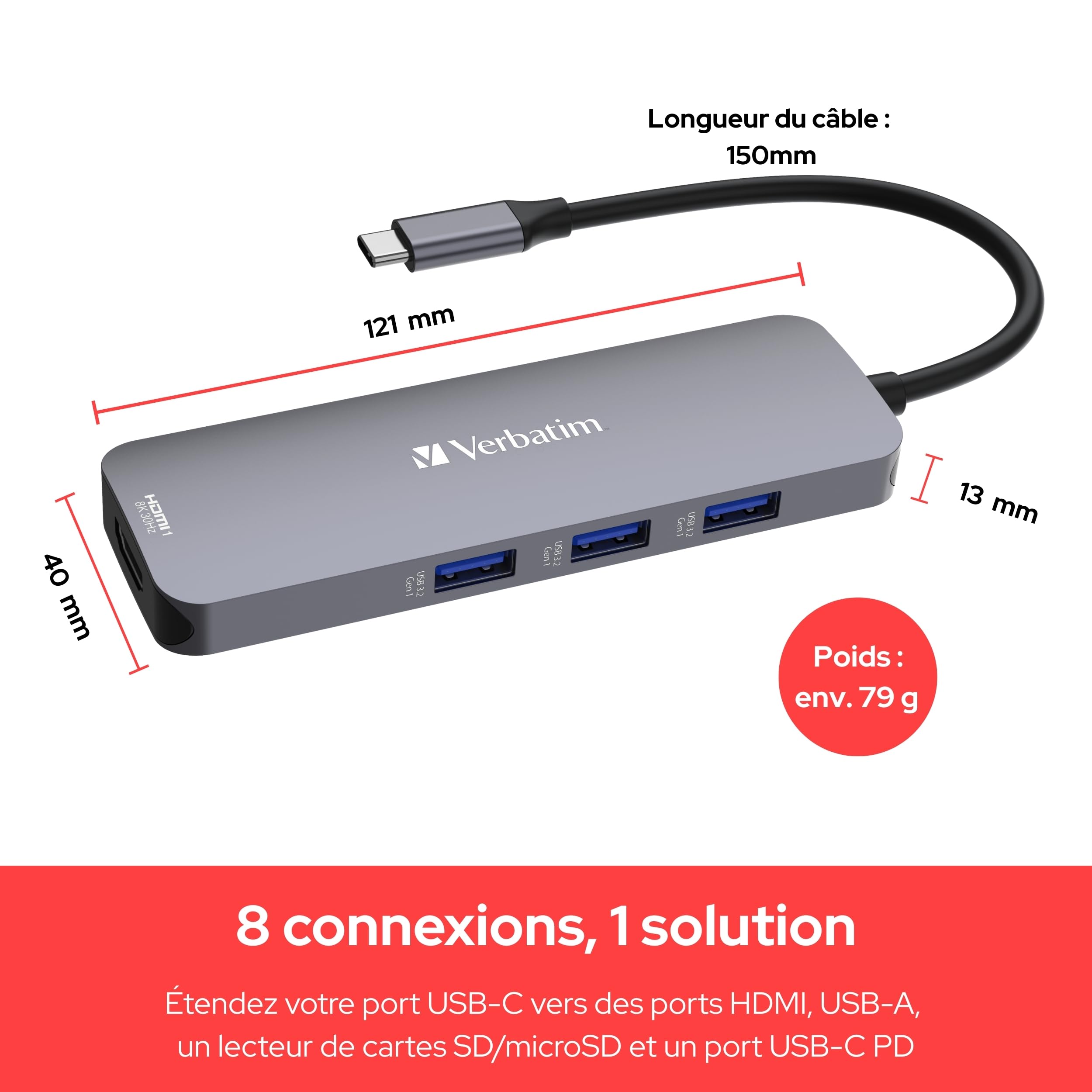 Verbatim Hub 8-en-1 USB-C, Adaptateur multiports USB-C vers HDMI, USB-A et USB-C PD, Lecteur de Cartes SD et microSD Compatible avec Mac, MacBook Pro/Air, iPad Pro, ThinkPad, PC sous Windows