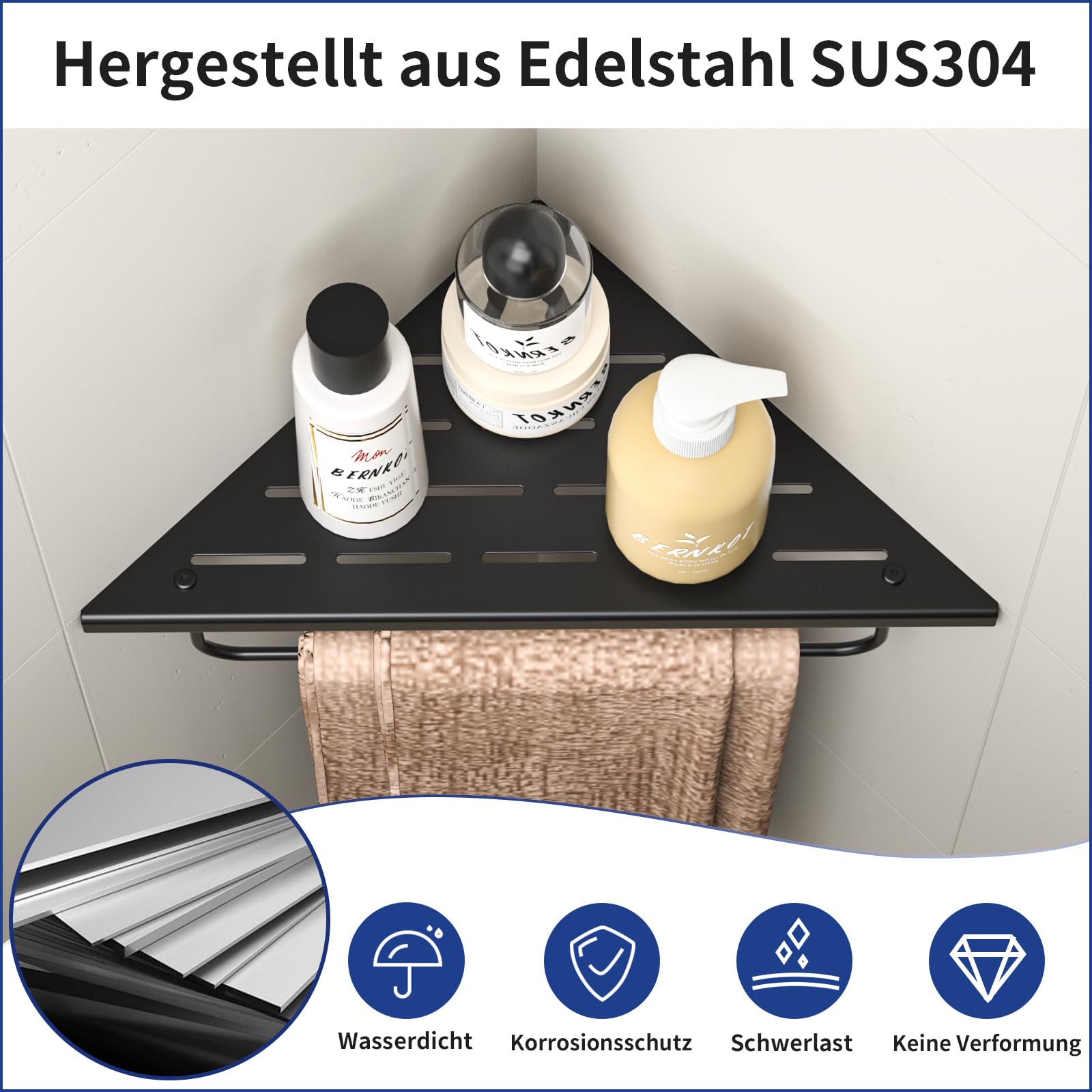 Eck-Duschregal aus 304-Edelstahl,Eckregal Dusche mit Handtuchstange | 25,4 cm Duschablage Ecke für Badrenovierung, Eckablage für die Dusche, passend für geflieste Wände,schwarz