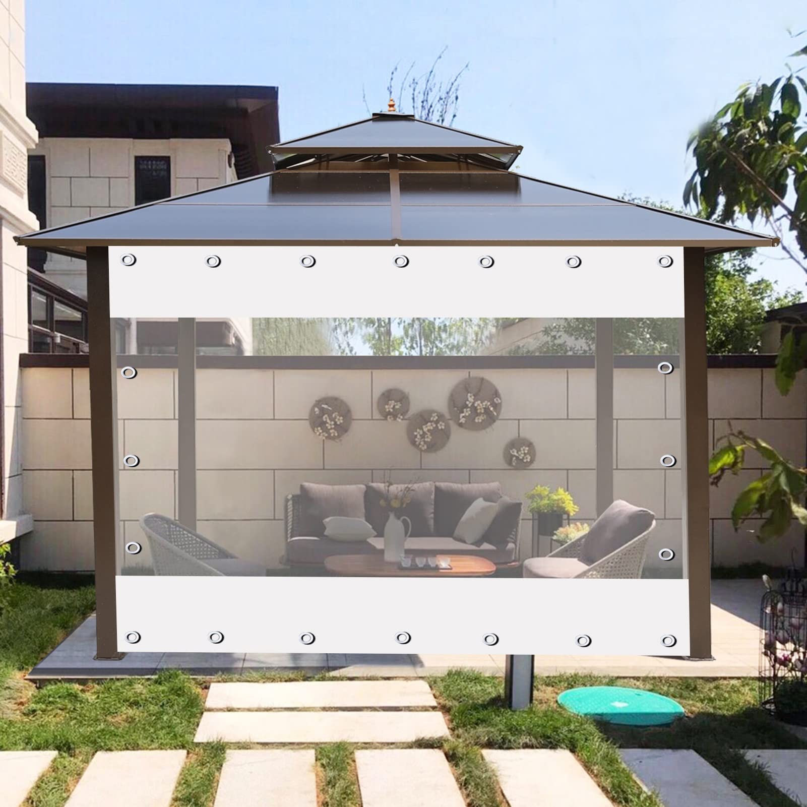 JIwqDY Außenbereich Transparente Wasserdichte Plane Mit Ösen Und Elastische Schnur Seitenwände Der Pergola Outdoor PVC Vorhang For Pavillons, Terrassen (Color : Grey, Size : 4x2.5m(13.1x8.2ft