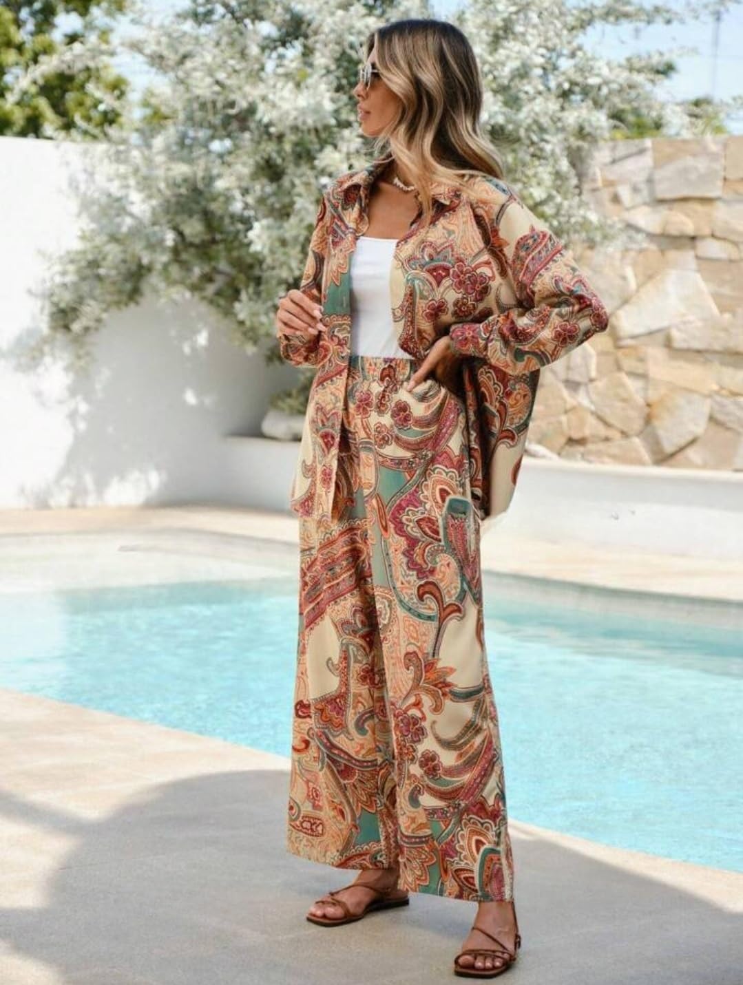 Gufrina Women's Paisley Print Co-Ord Set, Long Sleeve Shirt And Wide Leg Pants, Boho Chic Outfit (Beige Xxl)