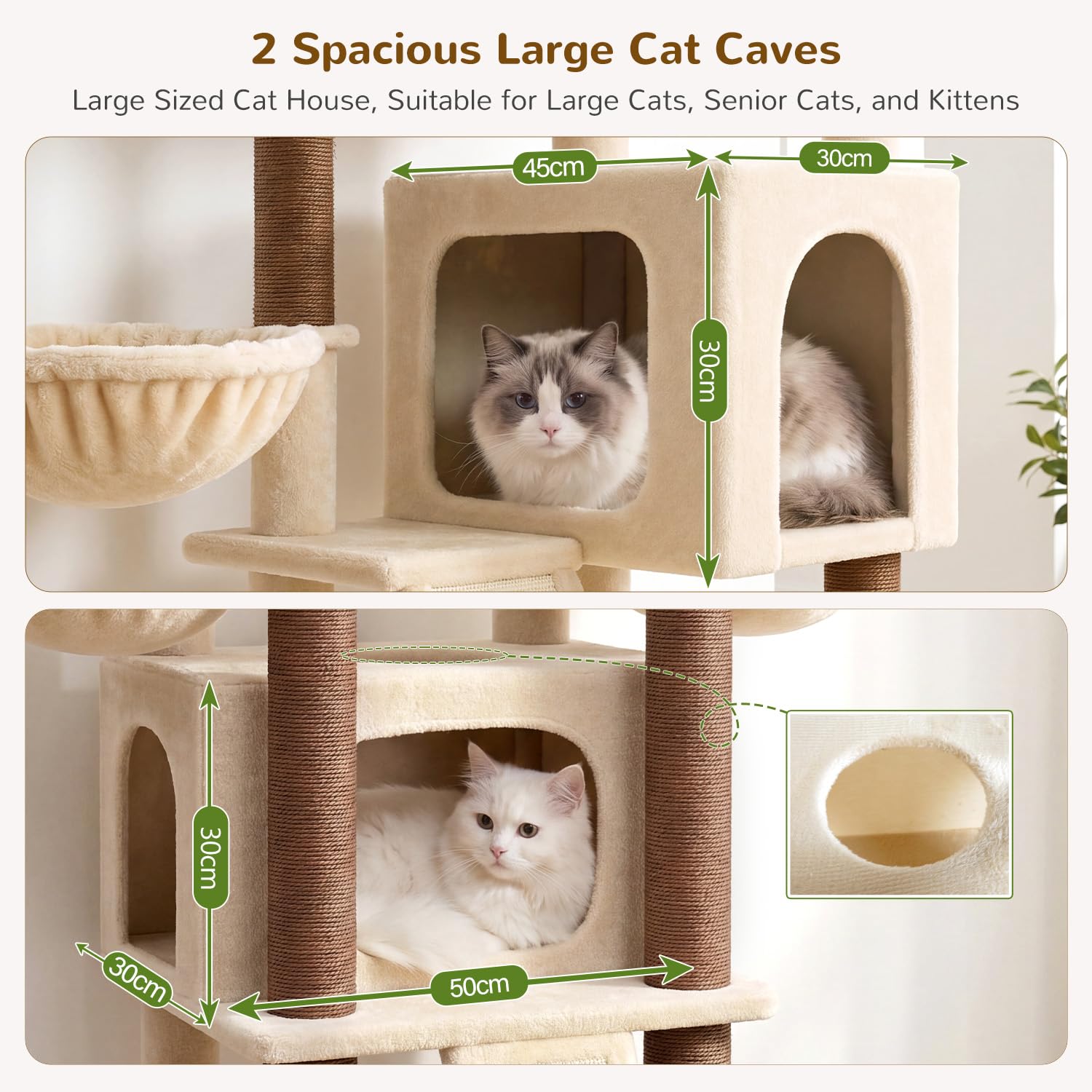 Globlazer Arbre à Chat XXL pour 3-4 Grand Chats 200 cm avec 2 Immense Niches, Rembourré Plateformes 50 * 30 * 30CM, 3 Panier, Planche Sisal, Stable Arbre a Chat pour Plusieur Chat Adulte (F78, Beige)