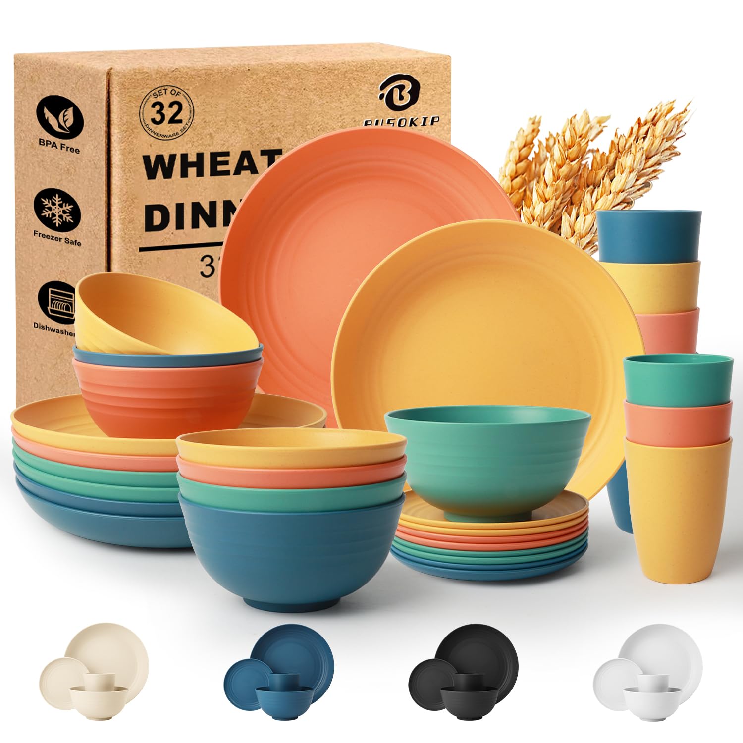 Wheat Straw Dinnerware Sets for 8, 32Piece Dishes Set for 8- Multi