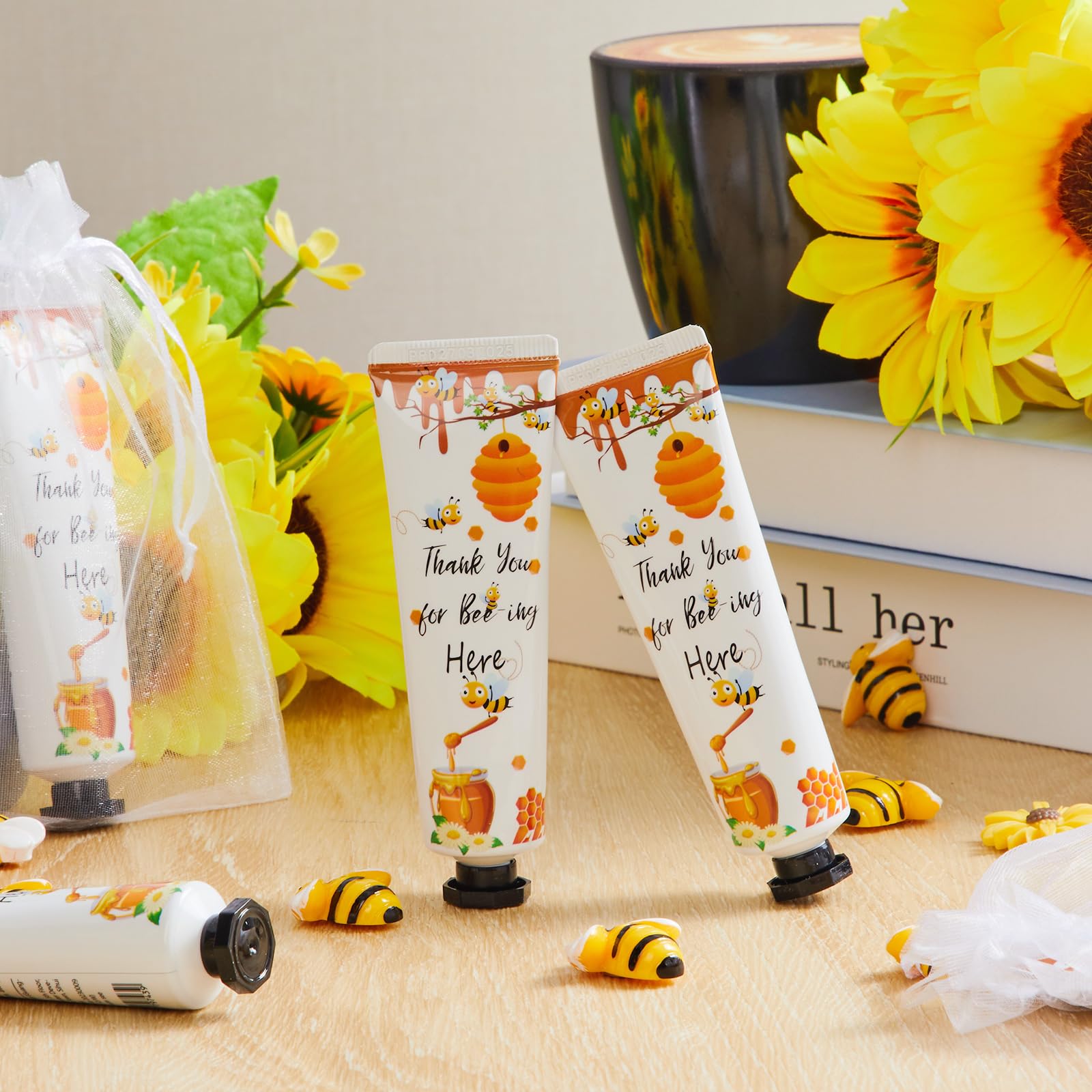 48 juegos de crema de manos para baby shower, miel de abeja, recuerdos para baby shower, crema de manos de agradecimiento para invitados, loción de viaje con bolsas de organza.
