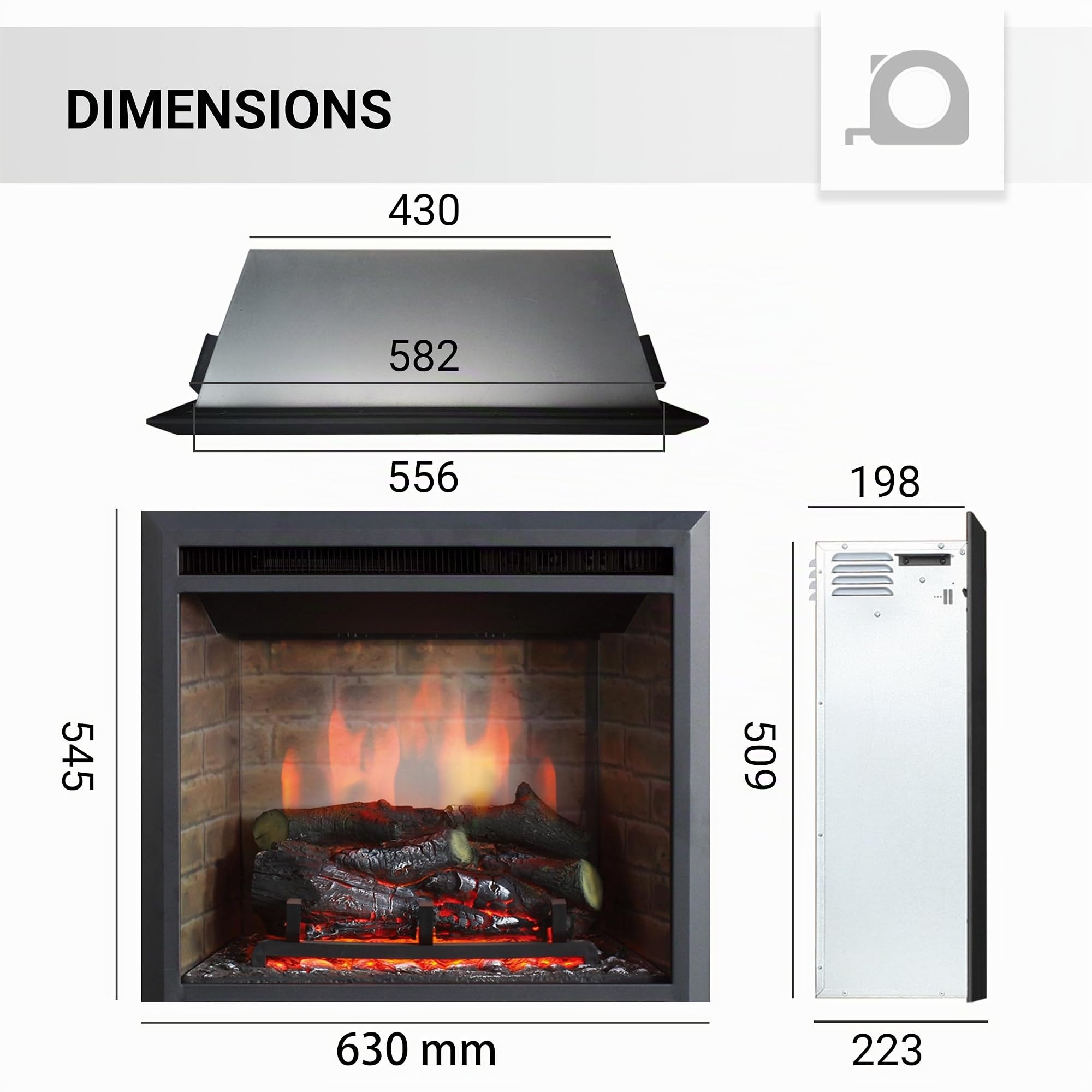 BALDERIA cheminée électrique Calida 23" | Foyer électrique Mural avec Effet de Flammes 3D | Chauffage 2000W, éclairage LED | Cheminée encastrable avec télécommande, minuteur & Thermostat | Noir