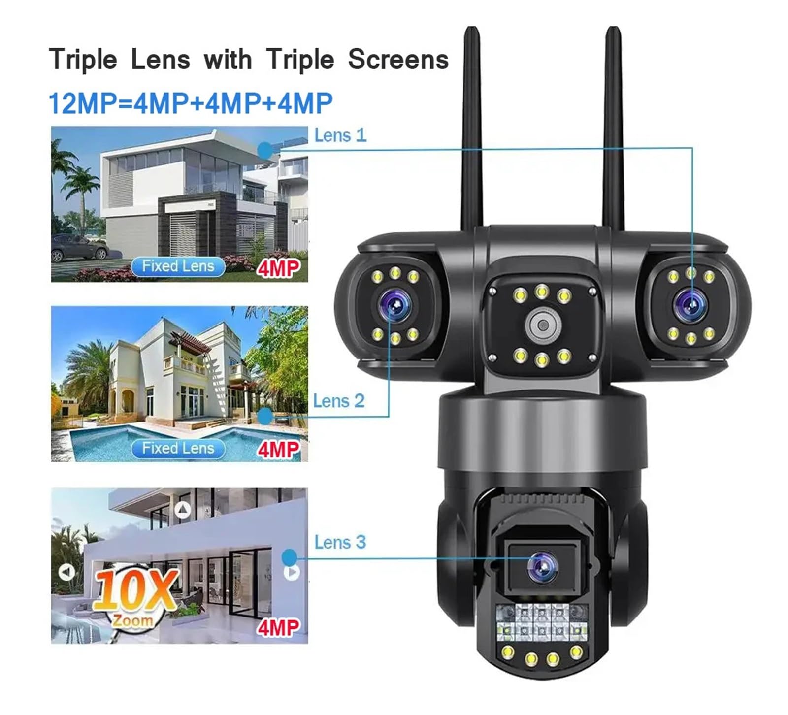 Telecamera IP Wi-Fi V380 PRO da Esterno 12 MP 6K, Triplo Obiettivo, Triplo Schermo, Monitor di Sicurezza, Visione Notturna, telecamere CCTV Impermeabili(EU Plug,Cam ADD 128GB Card)
