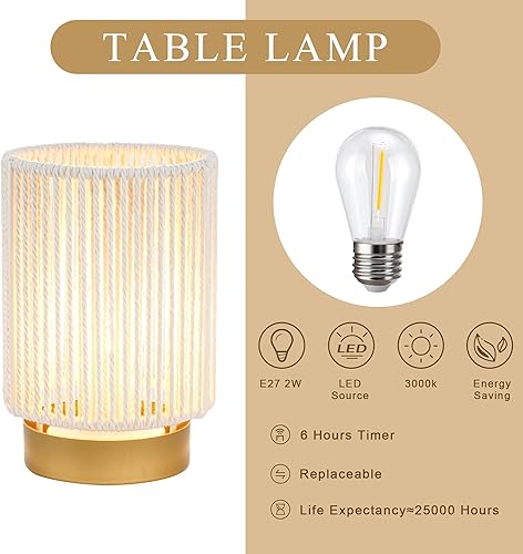 Miniatura 3 de JHY DESIGN Juego de 2 lámparas de mesa de cuerda de algodón trenzada de 6.5 pulgadas de alto, lámpara con temporizador de 6 horas junto a las