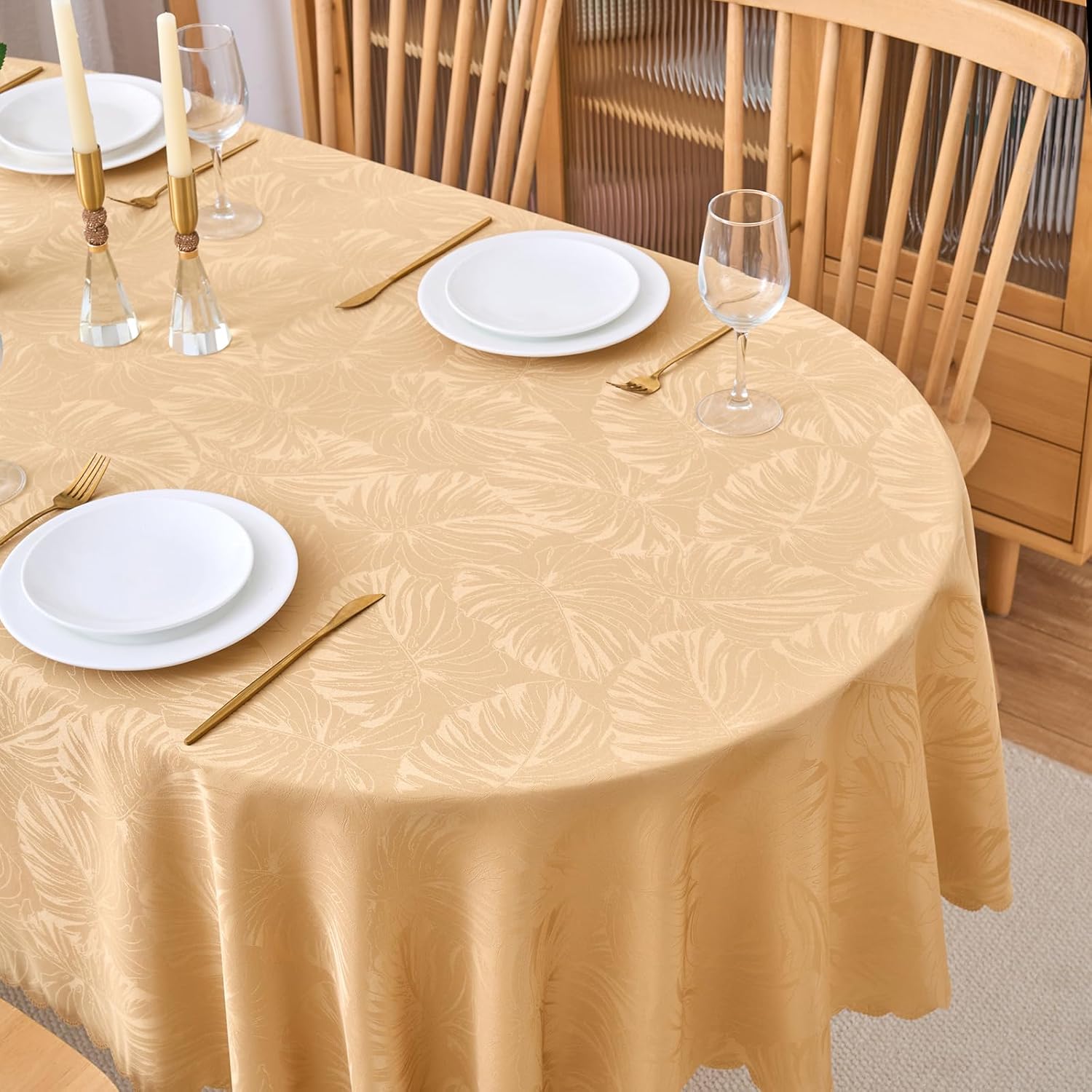 Oval Tablecloth 60x84 Inch Golden Table Cloth Leaves Pattern Scalloped Edge Silky Soft Fabric Waterproof Wrinkle Free Washable Table Cover for Kitchen Dinning Party Decoration
