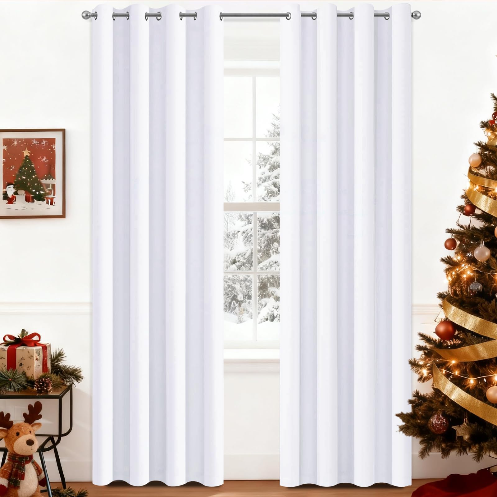 Yakamok Pure White Curtains 84 inch Long, 50% Light Blocking Gormmet Drapes for Living Room 2 tie Backs Included(52 inch Wide