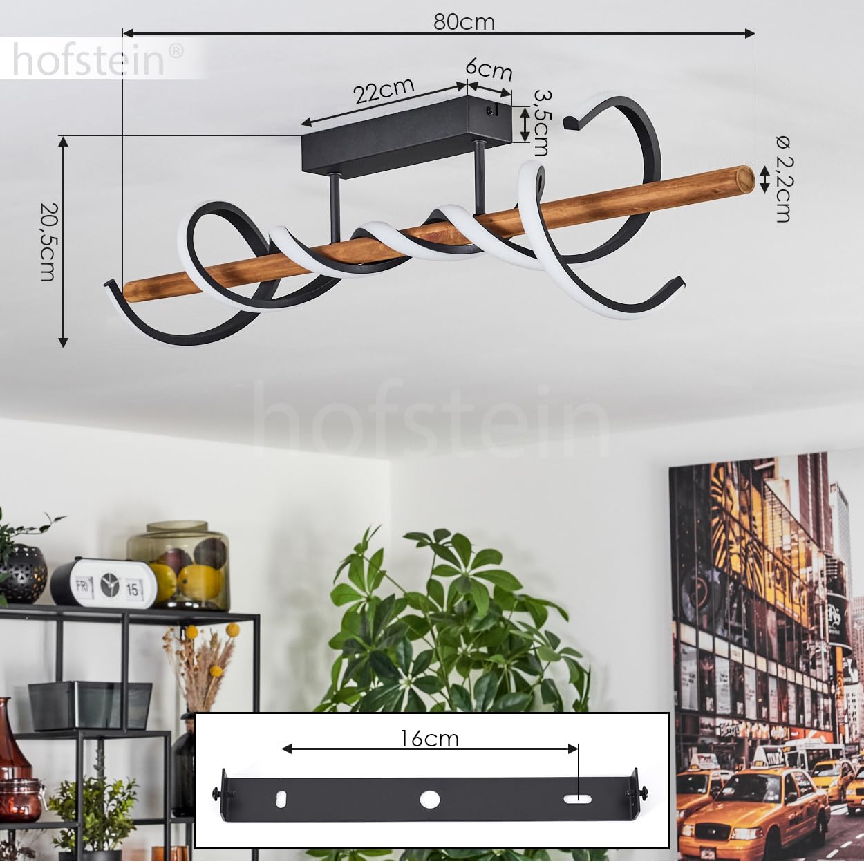 HOFSTEIN LED Deckenleuchte Alvarim, dimmbare Deckenlampe aus Metall/Holz/Kunststoff in Schwarz/Natur/Weiß, moderne Leuchte mit Holzstab, dimmbar über Lichtschalter, 38 Watt, 5200 Lumen, 3000 Kelvin