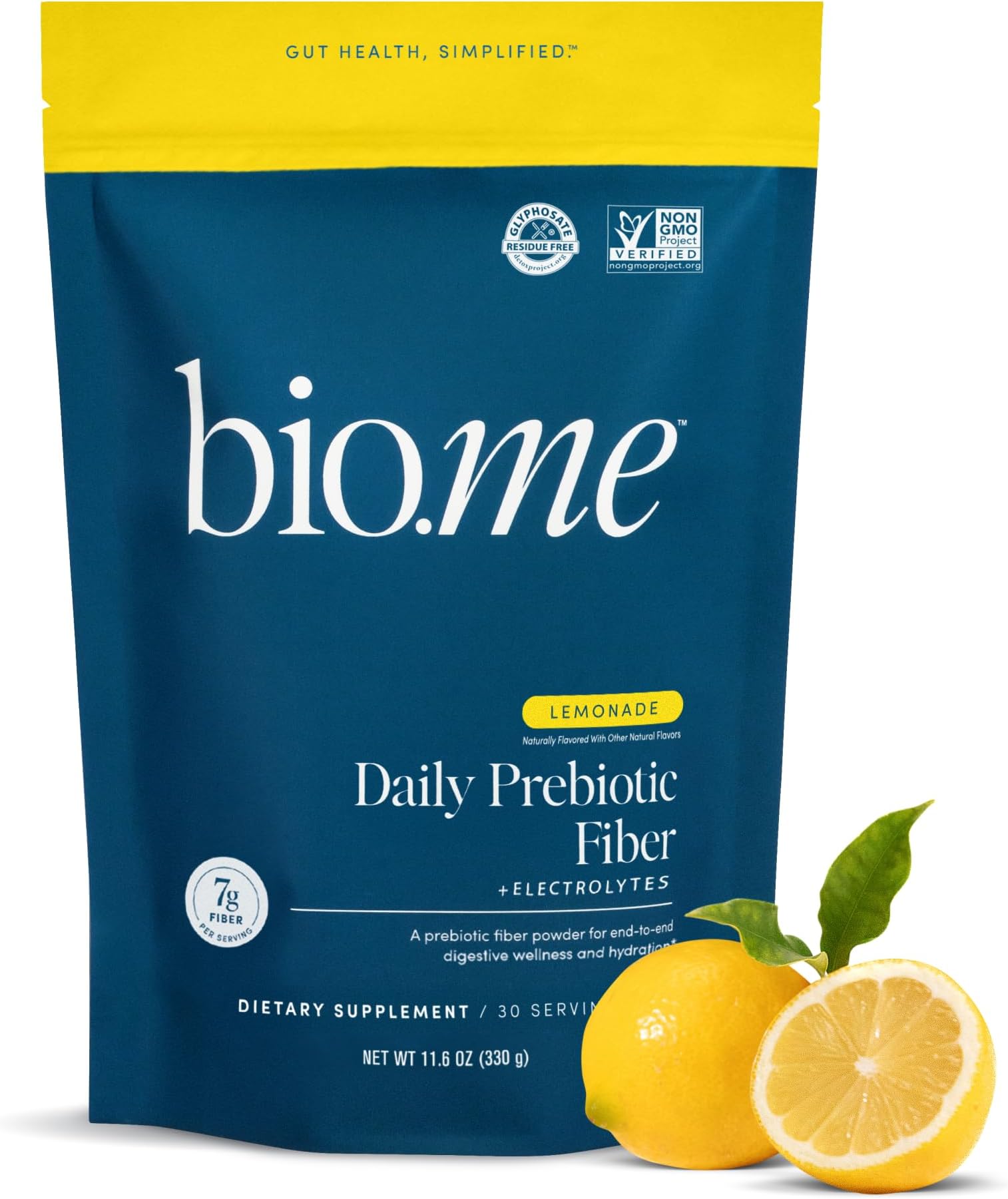 Bio.me Daily Prebiotic Fiber Lemonade with Electrolytes - 7g Per Serving - Soluble Fiber Supplement Powder for Women & Men - Digestive Health, Gut Health & Hydration - Sugar Free - 30 Servings