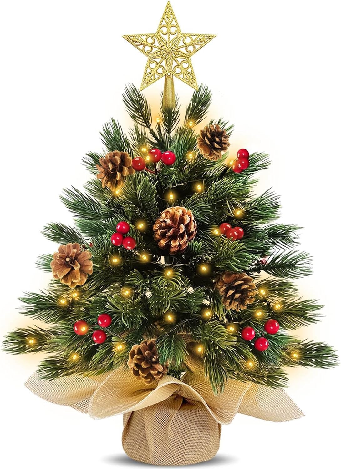 TURNMEON 18 Inch Tabletop Christmas Tree with Timer 30 Lights Battery Operated Star 12 Red Berry 4 Pinecone Realistic-Feel PE Artificial Mini Small Xmas Tree Christmas Decorations Table Home Indoor 1ft 6in