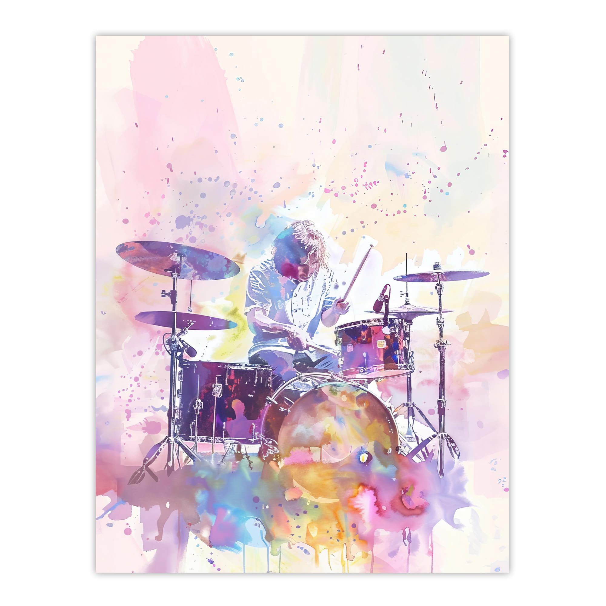 Artery8 Rainbow Modern Watercolour Portrait Drummer Drums Living Room Extra Large XL Wall Art Poster Print