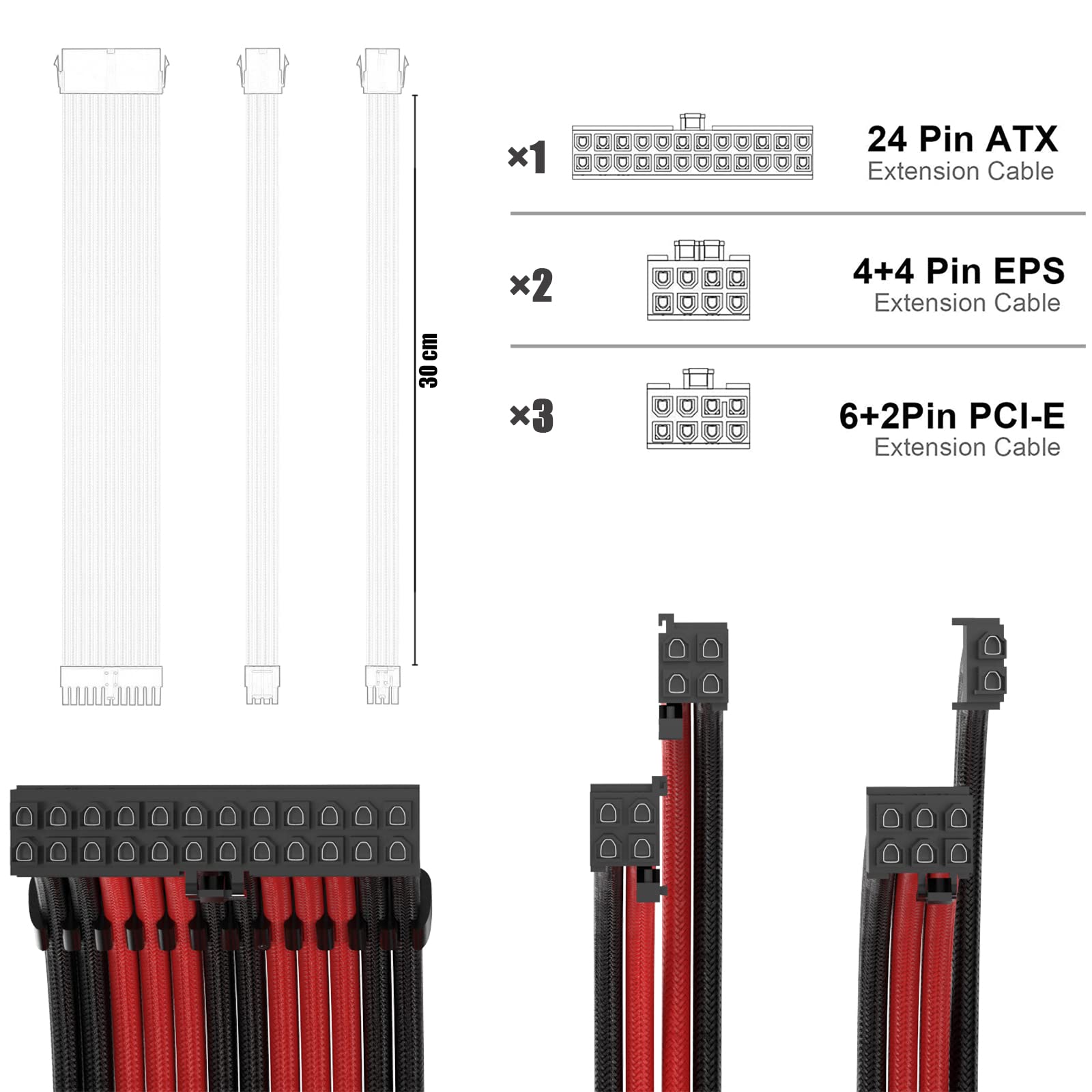 Kit d'extensions de câble d'alimentation 30 cm de long avec deux ensembles de peignes de câble, 1x24 broches/2x8 broches (4+4)/3x8 broches (6P + 2P) câbles PC pour alimentation ATX (noir/rouge)