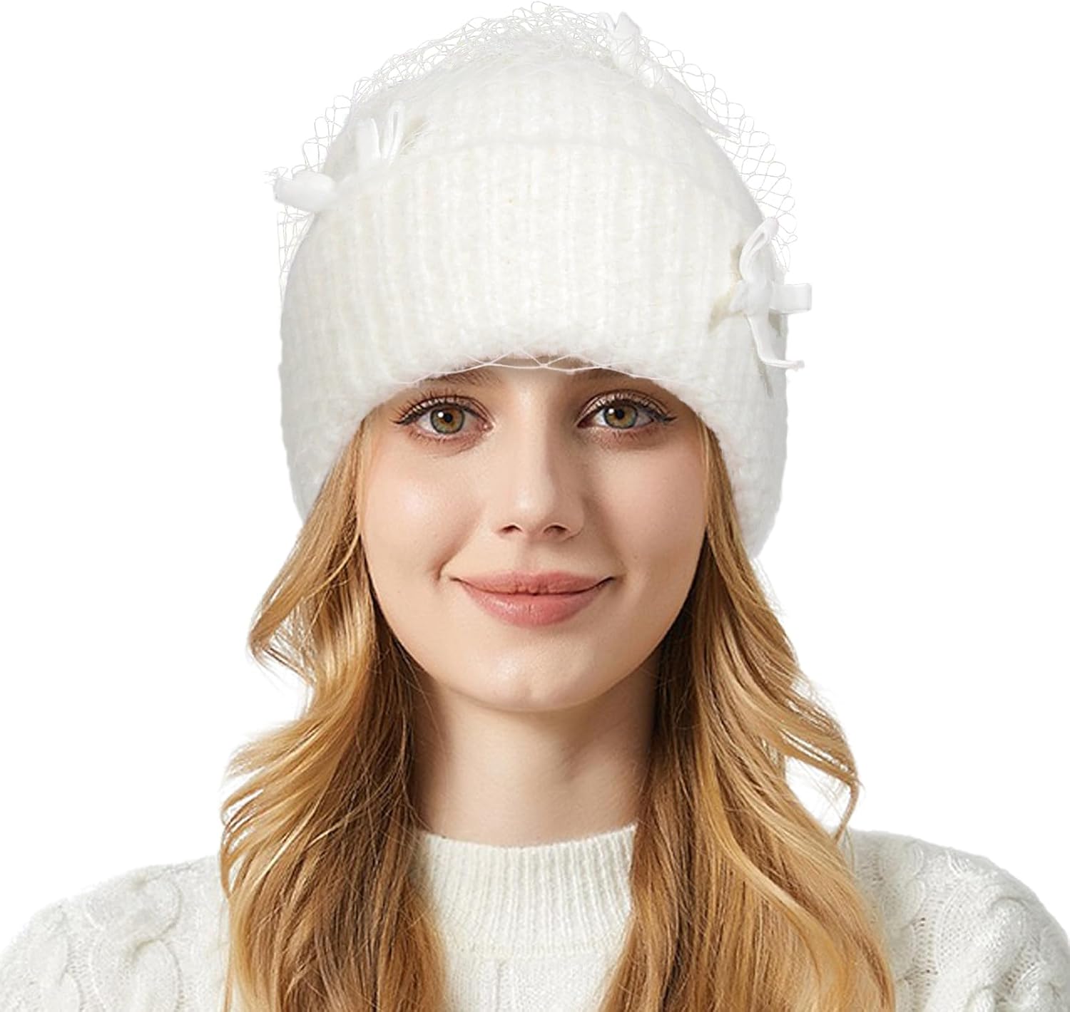 Winter Knit Beanie Hat for Women Warm Knit Cuffed Skull Caps with Veil Bowknot Soft Warm Ski Hat