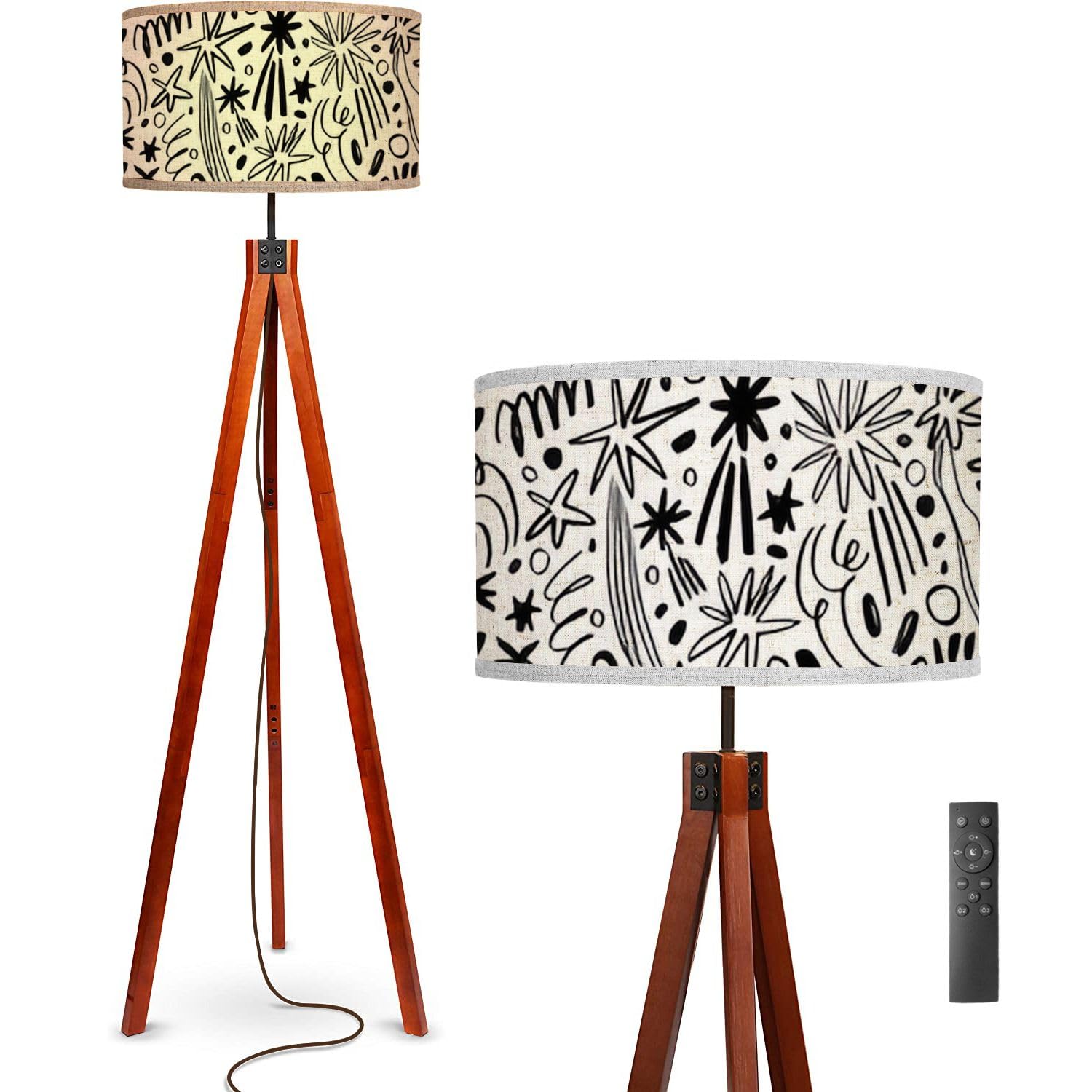 Floor Lamp Seamless Design Charcoal Stars Tails Hand Drawn Childish Style Standing Lamp Solid Wood Legs Modern Tall Lamp Tripod Floor Lamp with Flaxen Shade for Living Room, Bedroom, Office
