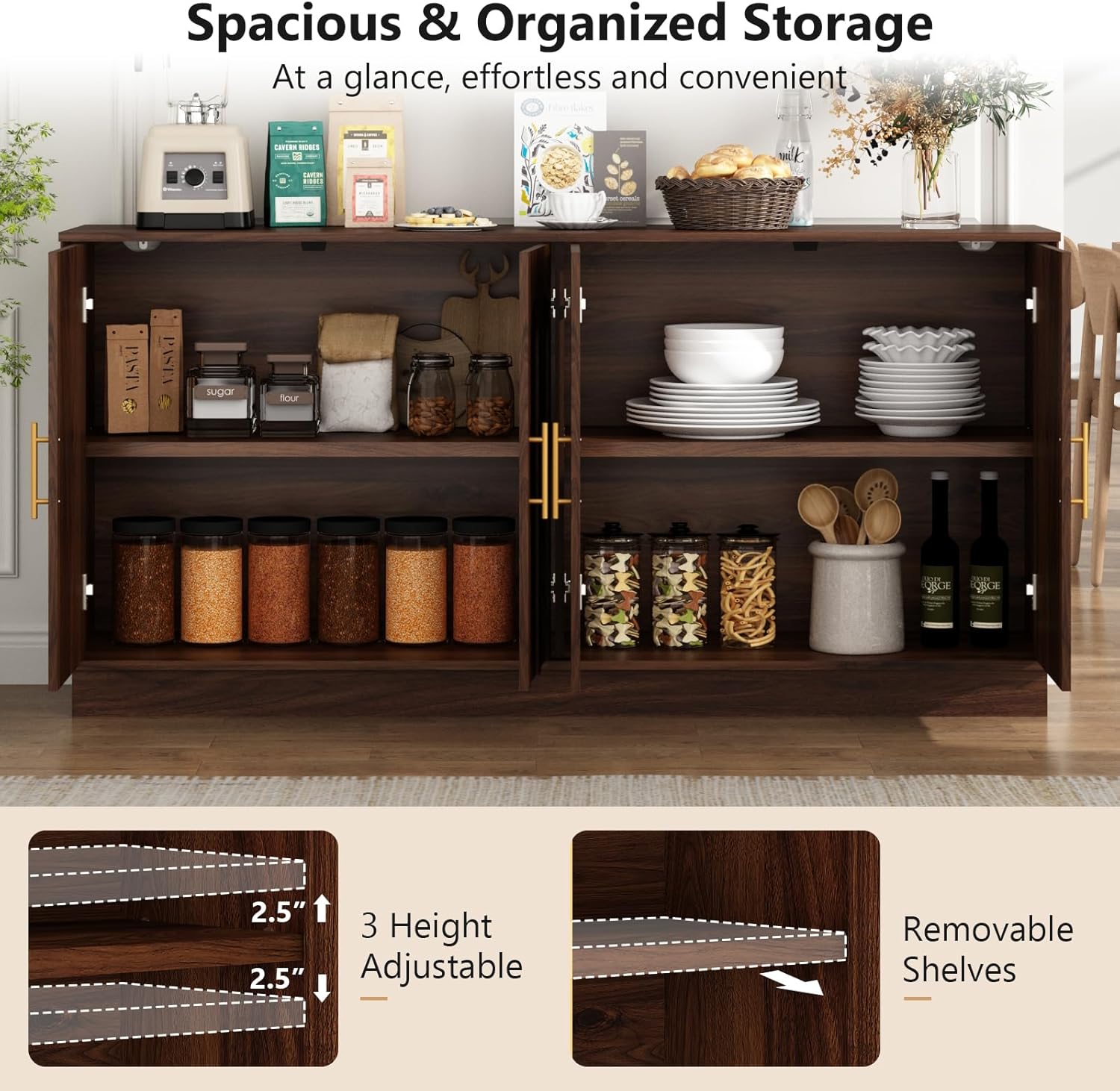 64.9" Sideboard Buffet Cabinet with Storage, Modular Credenza Coffee Bar with Arched Doors and Adjustable Shelves, Long Media Console for Kitchen, Living Room, Entryway, Walnut