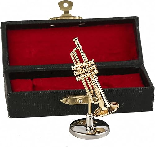 Vista 4 de Trompeta en miniatura con soporte y estuche, mini instrumento musical de latón, réplica de trompeta, figuras coleccionables, accesorios de casa