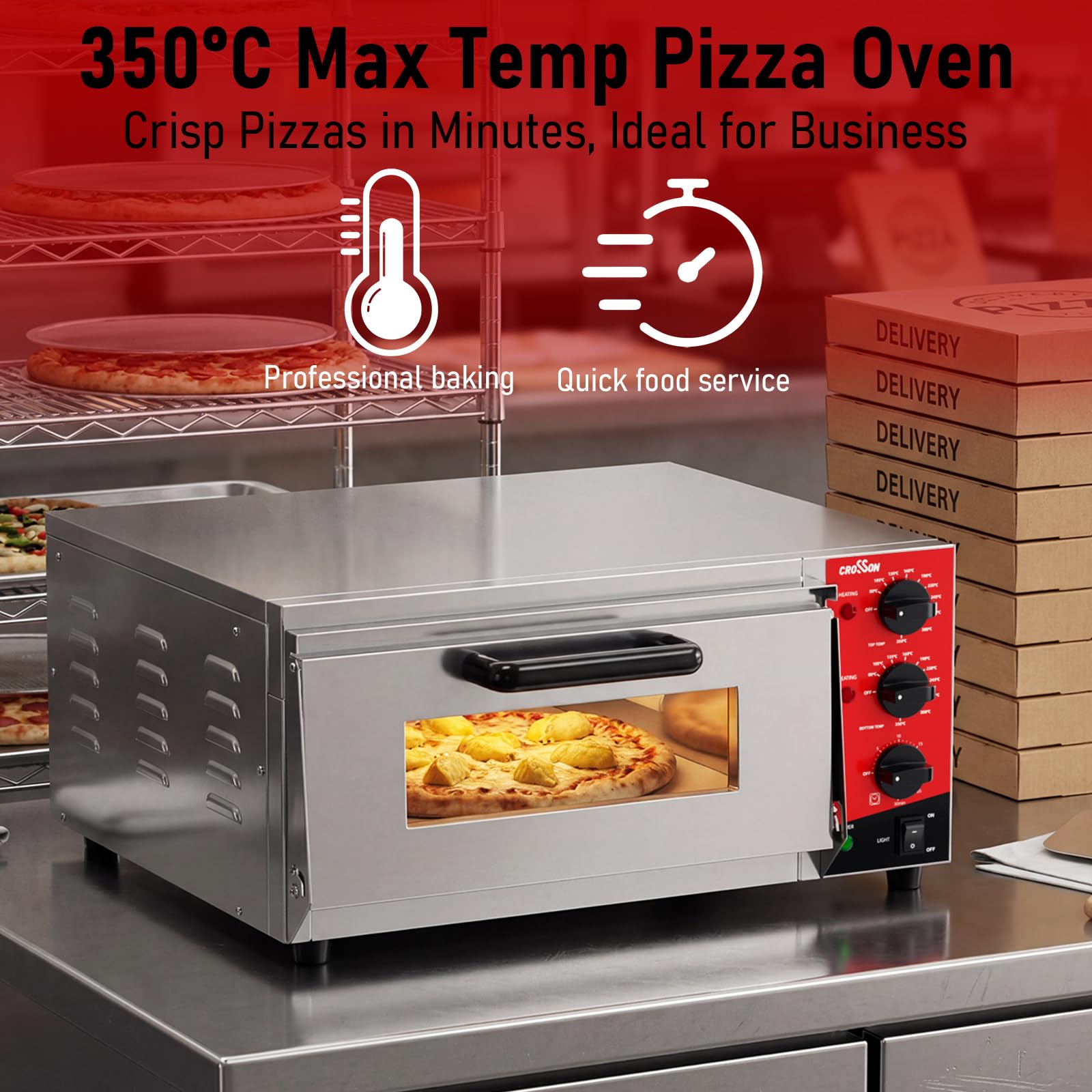 CROSSON Forno Elettrico per Pizza 16 Pollici,Forno Pizza Elettrico Professionale in Acciaio Inox 230V/2000W con Pietra e Maniglia,per Interni Ristorante Cottura Casa Cucina