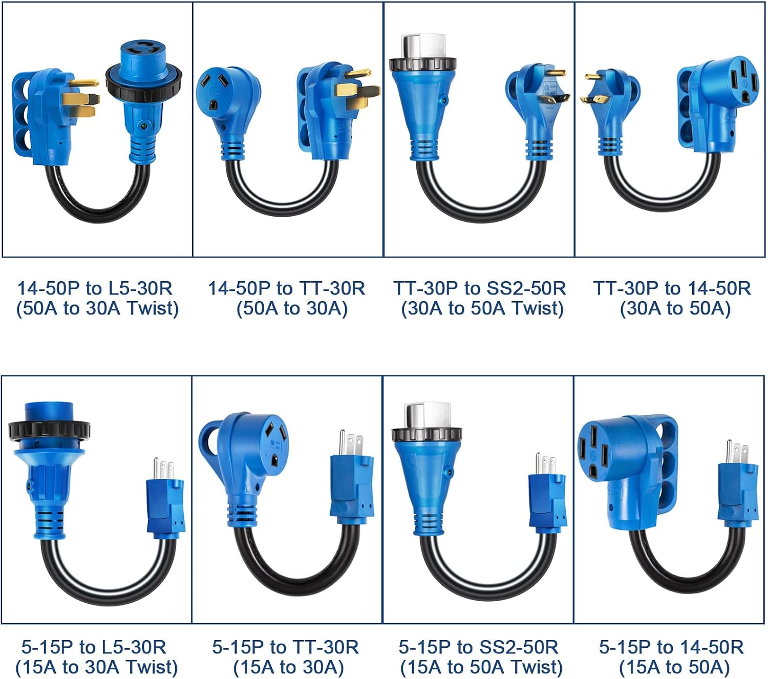 RV Adapter Cord 15 Amp to 30 Amp with Locking Connector for RV Trailer Camper, 5-15P Male to L5-30R Female Twist Lock, Dog-bone Electrical Power Plug with LED Power Indicator, Deep Blue,12 Inch